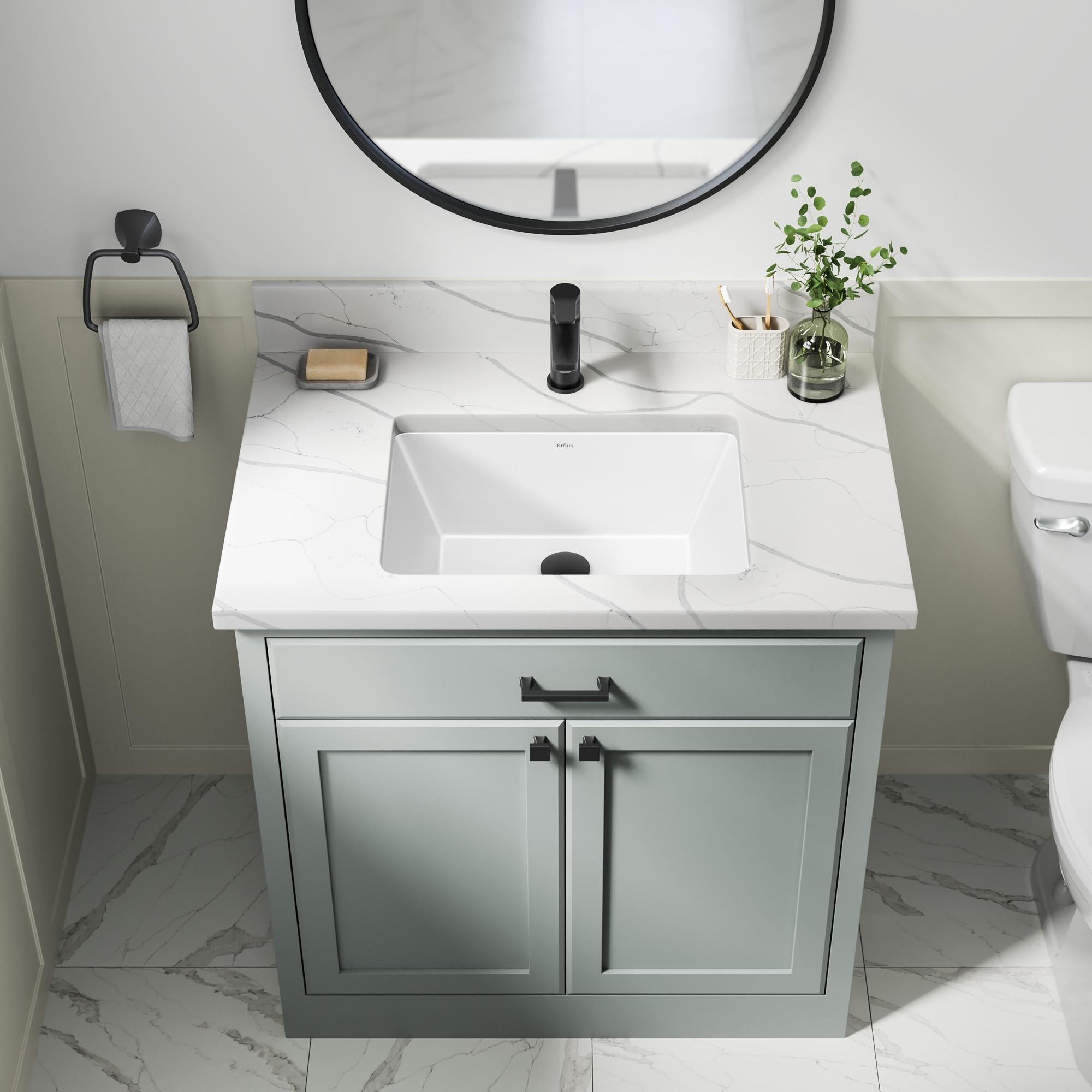 KRAUS Elavo. Rectangular Porcelain Ceramic Undermount Bathroom Sink In White With Overflow Drain, KCU-244