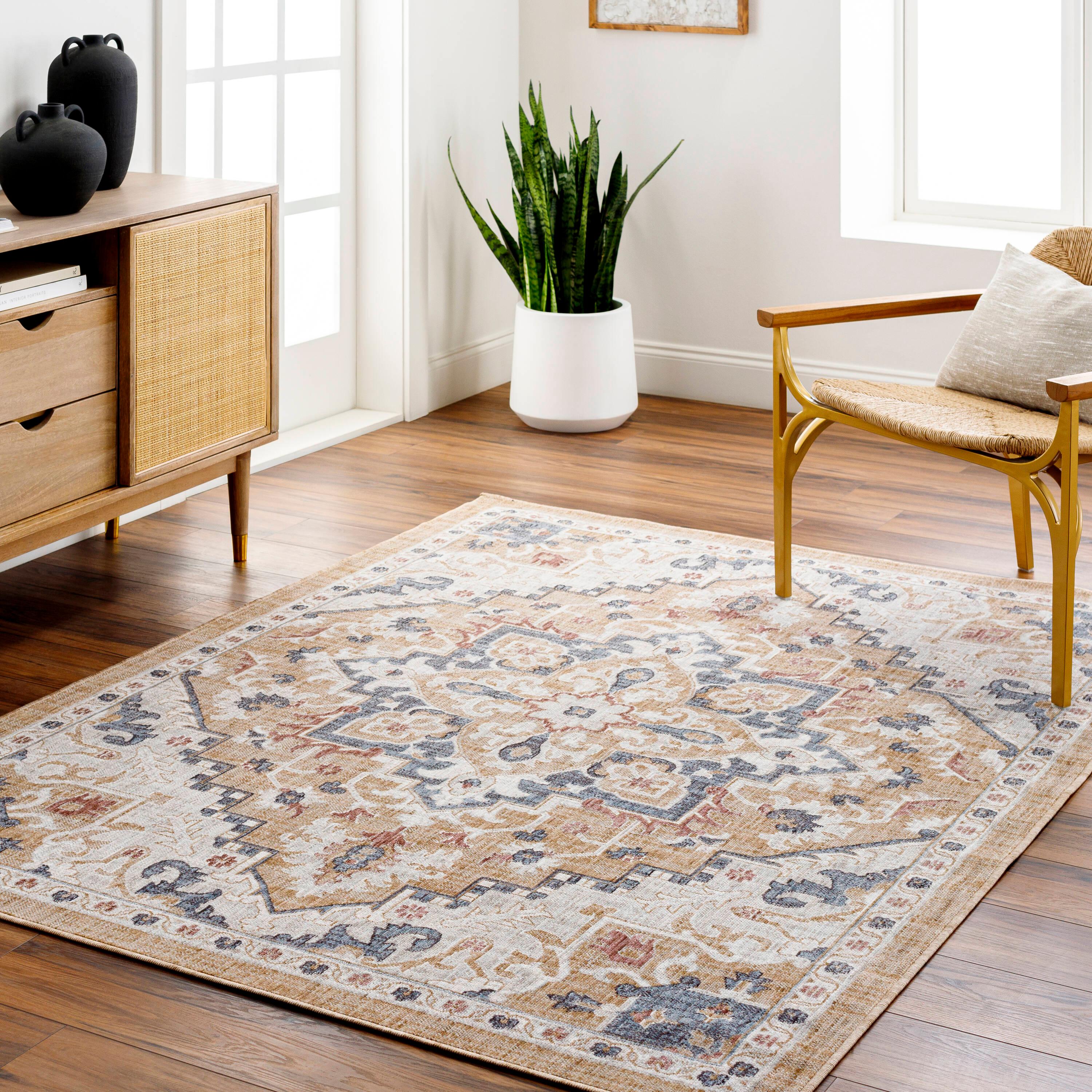 Blue Blossom Vintage-Style 5'3" x 7' Recycled Material Rug
