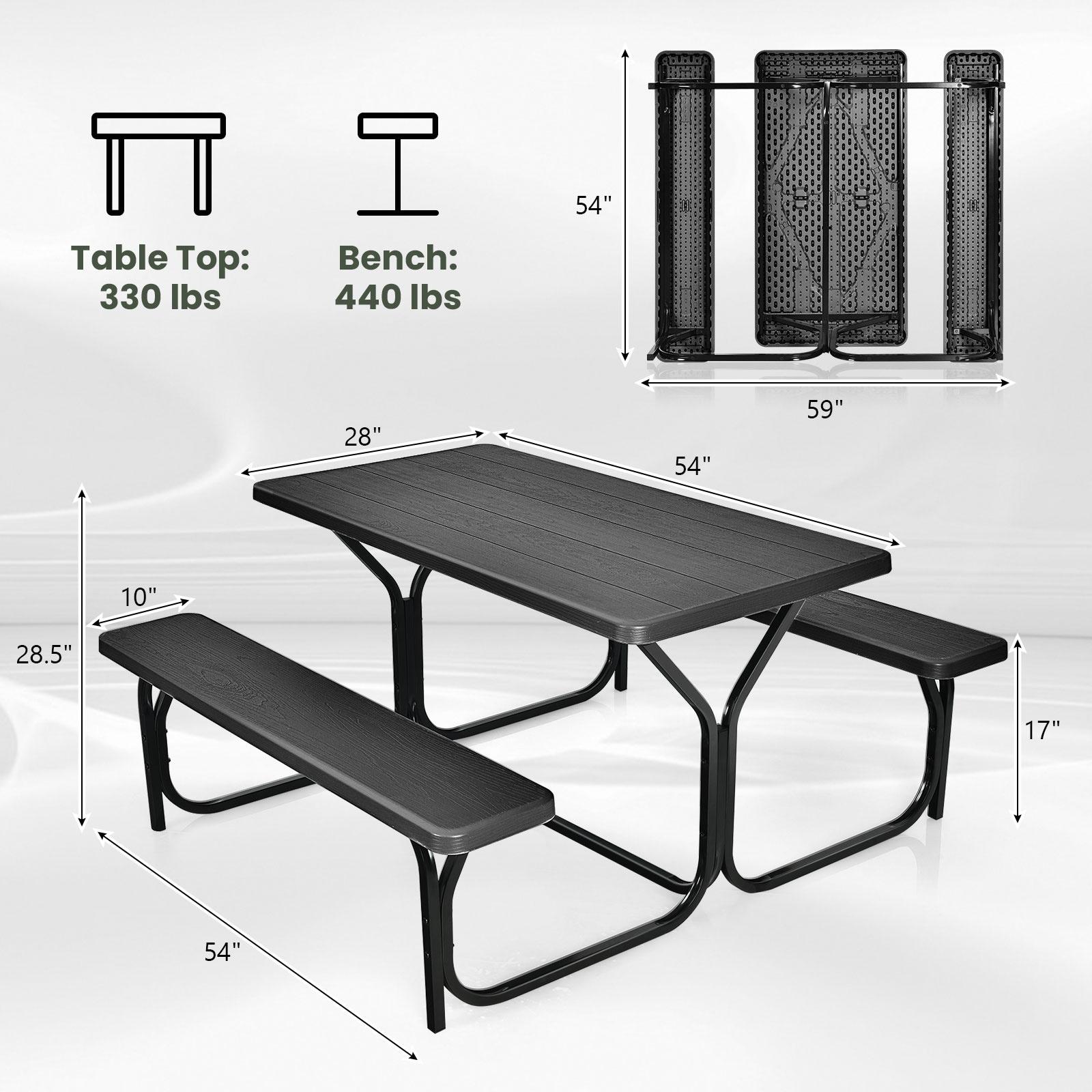 Kepooman Picnic Table, Camping Table, HDPE Outdoor Picnic Table Bench Set with Metal Base-Black