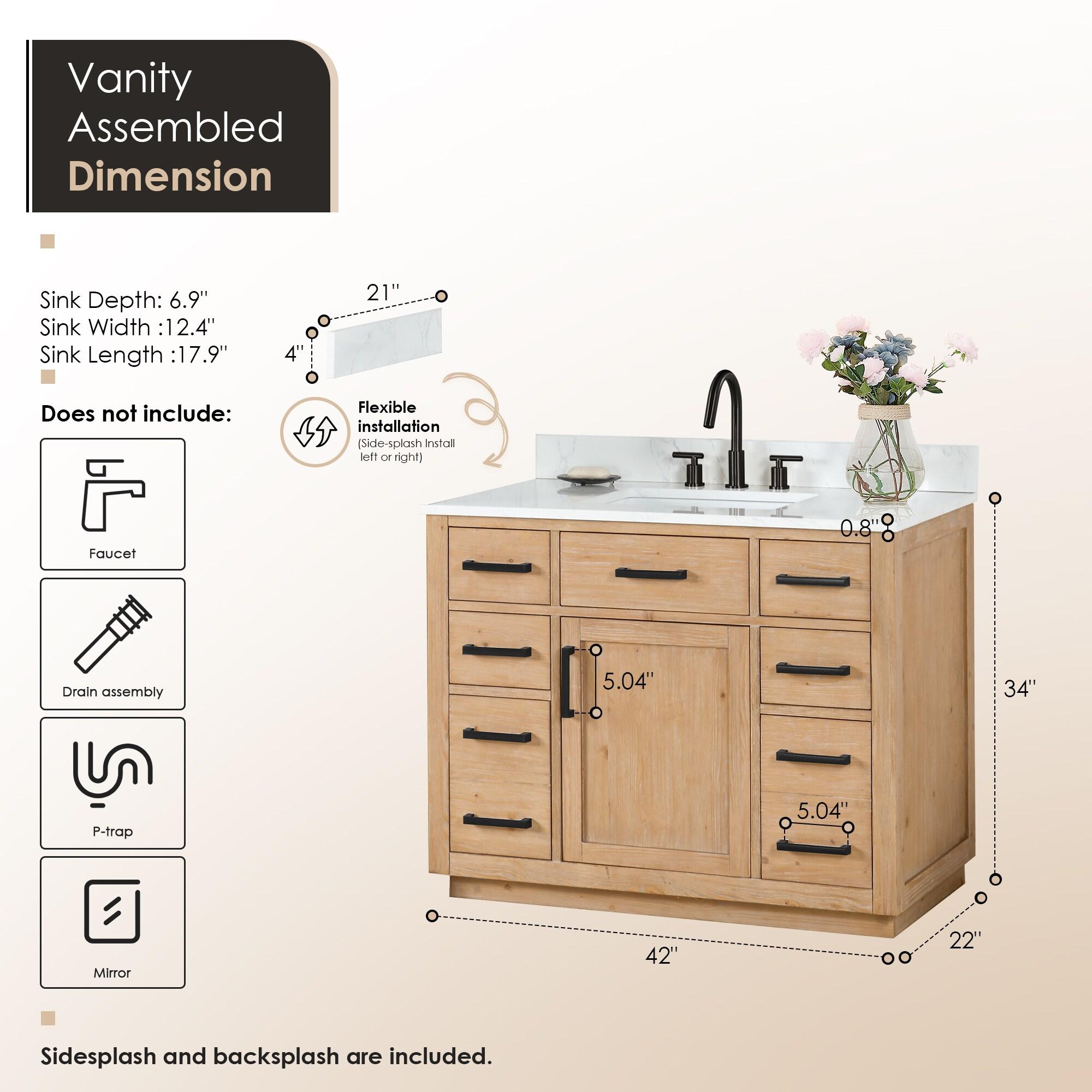 Gavino Tocador de Madera de 42" en Marrón Claro con Tapa de Piedra Compuesta sin Espejo