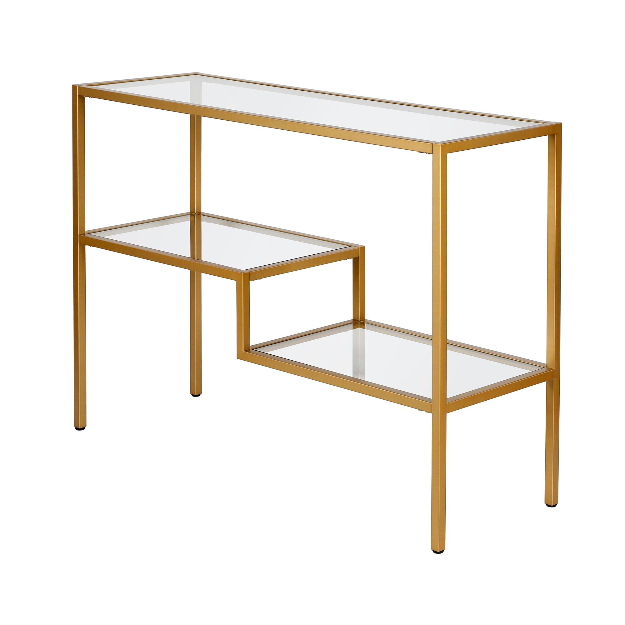 Brass and Glass Console Table with Storage Shelves