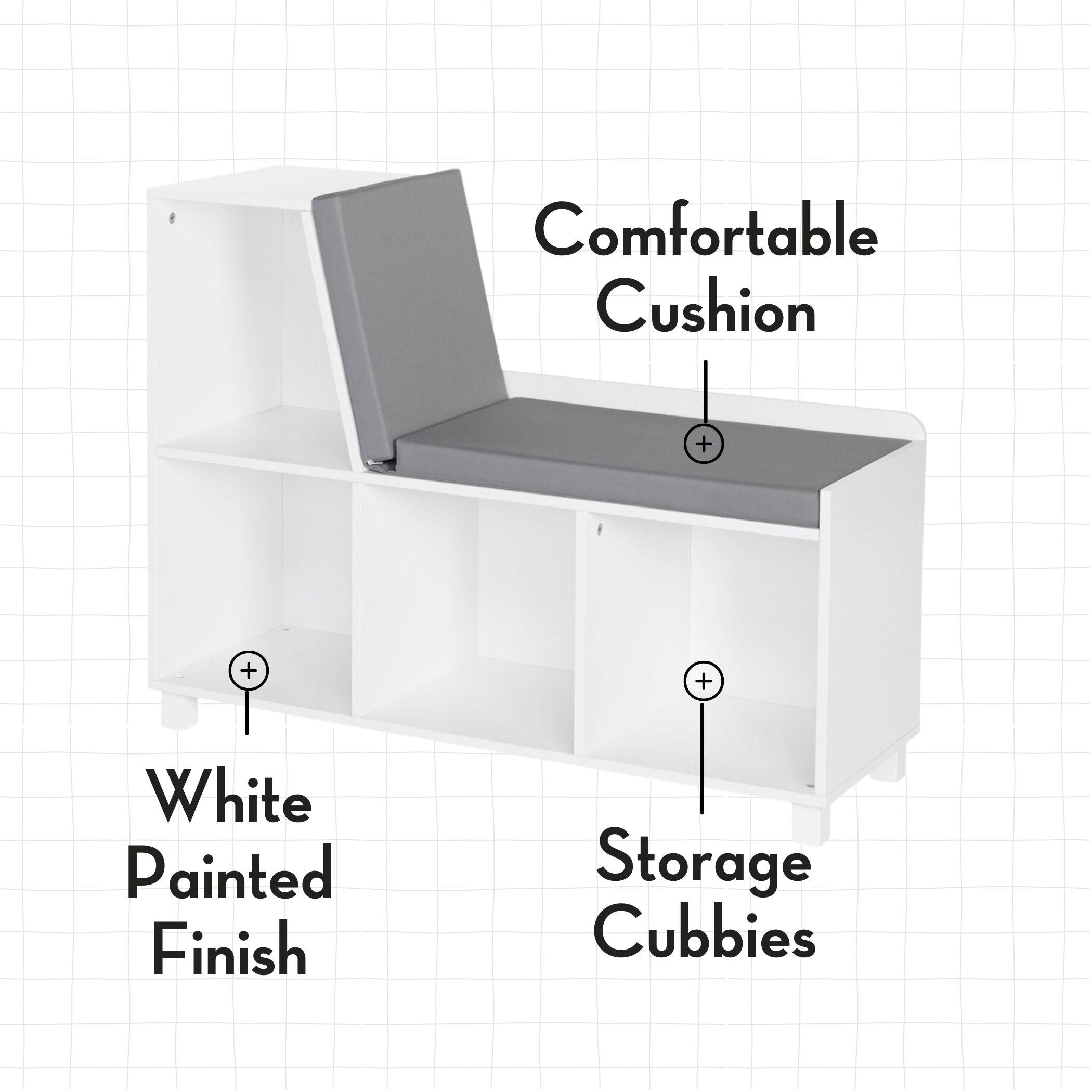 RiverRidge Home RiverRidge Kids Reading Book Nook Cushioned Toy Storage Bench with Cubby Organizers and 2 Fabric Bins- White