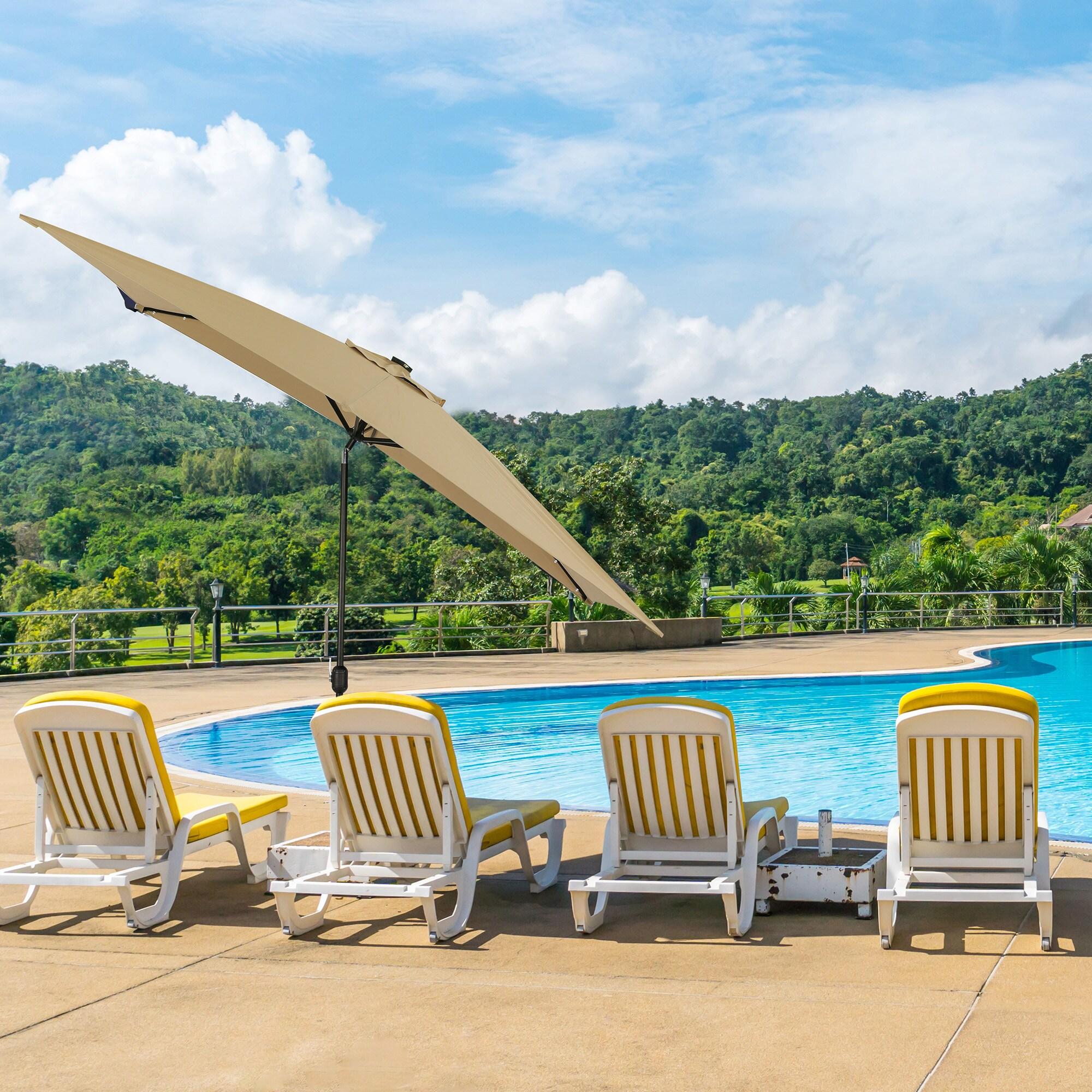 10' x 6.5' Rectangular Nassau Market Patio Umbrella with LED Bulb Lights Champagne - Island Umbrella: Solar-Powered, Weather-Resistant