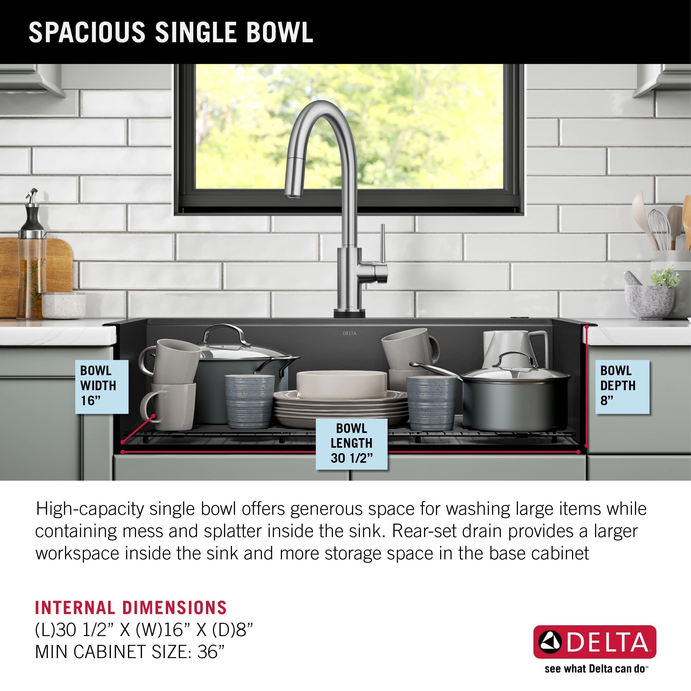 Delta Rivet™ Black Stainless Steel Retrofit Farmhouse Apron Front 16 Gauge Workstation Kitchen Sink Single Bowl