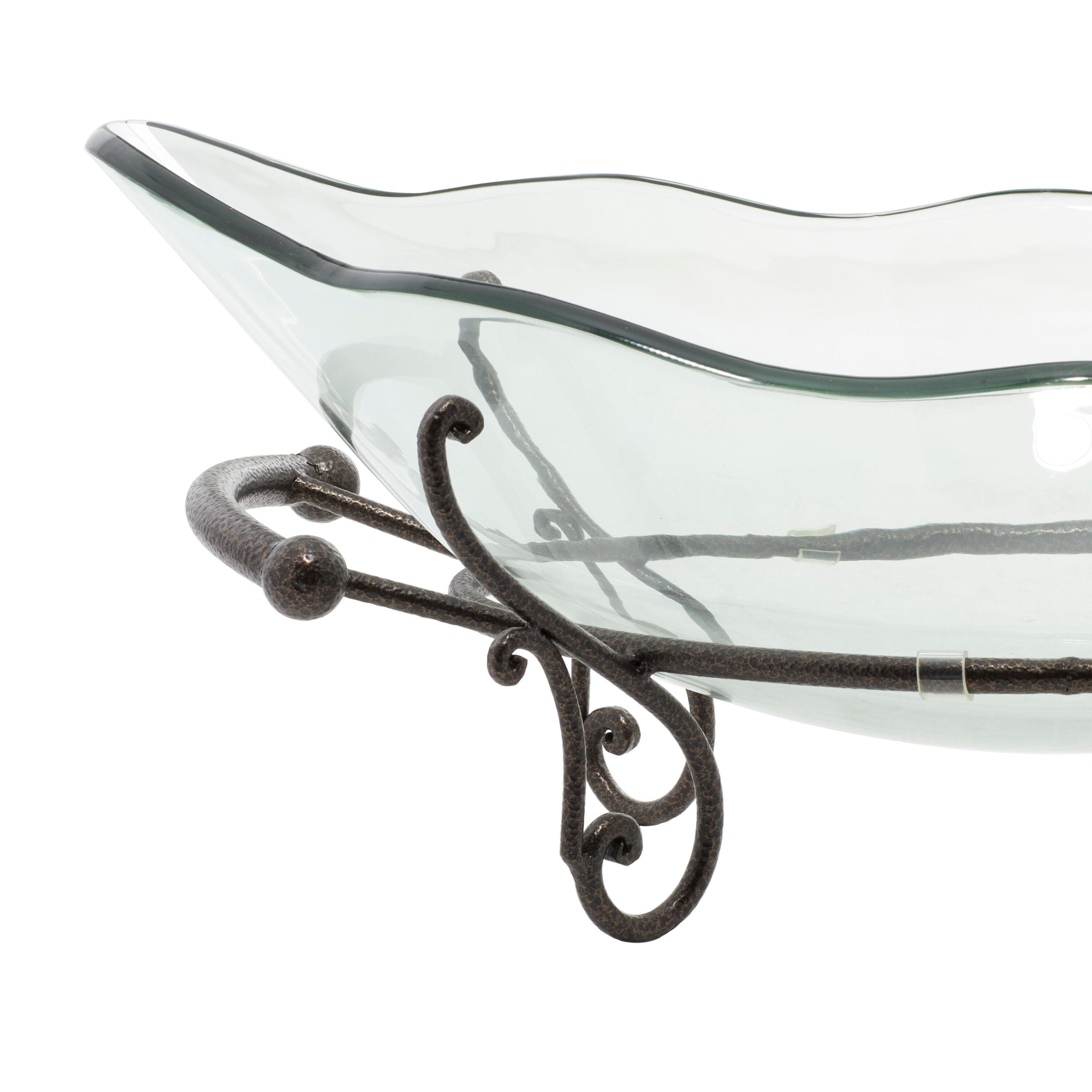 DecMode 23" x 9" Clear Tempered Glass Kitchen Serving Bowl with Brown Metal Scroll Base, 1-Piece
