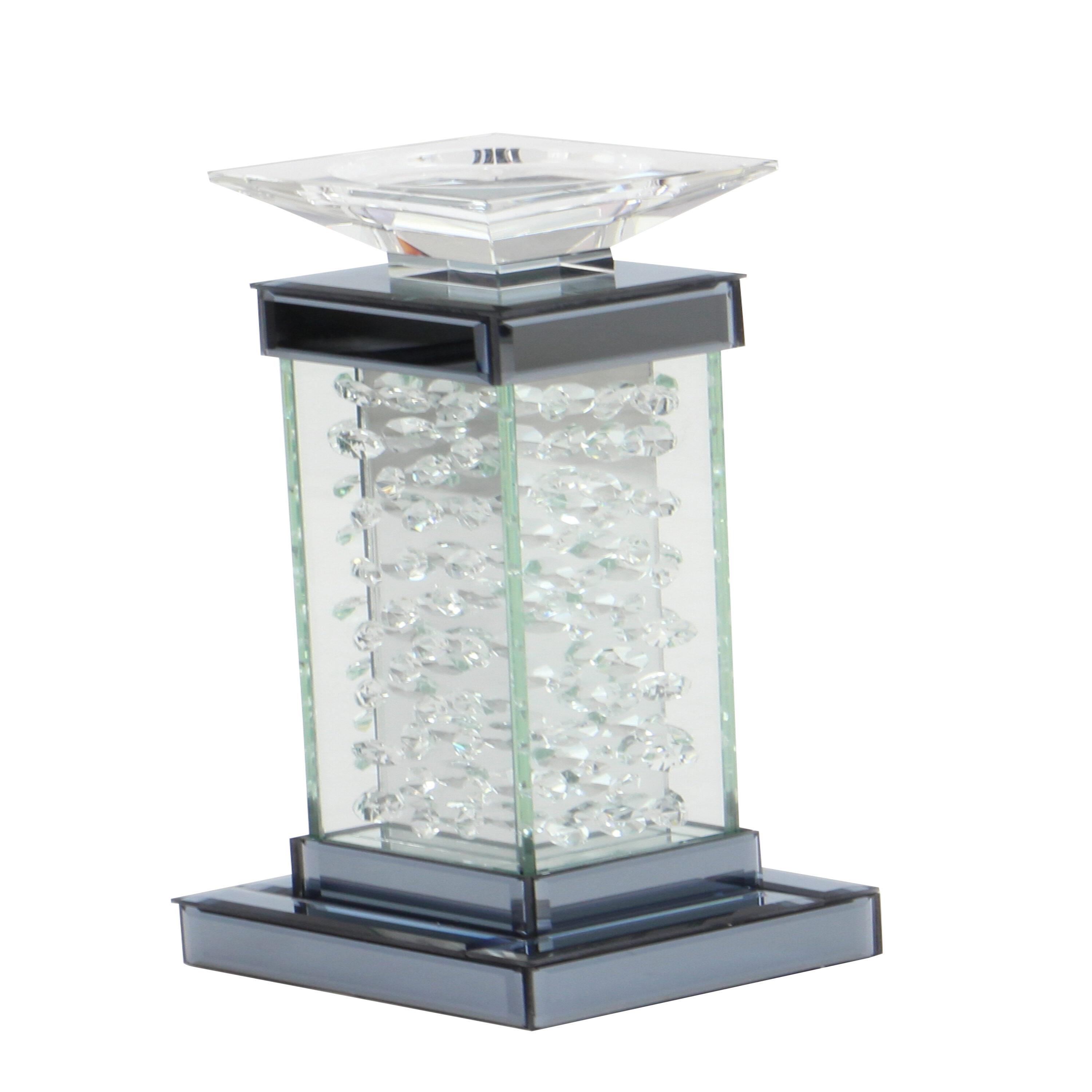 DecMode Silver Glass Pillar Candle Holder with Floating Crystals