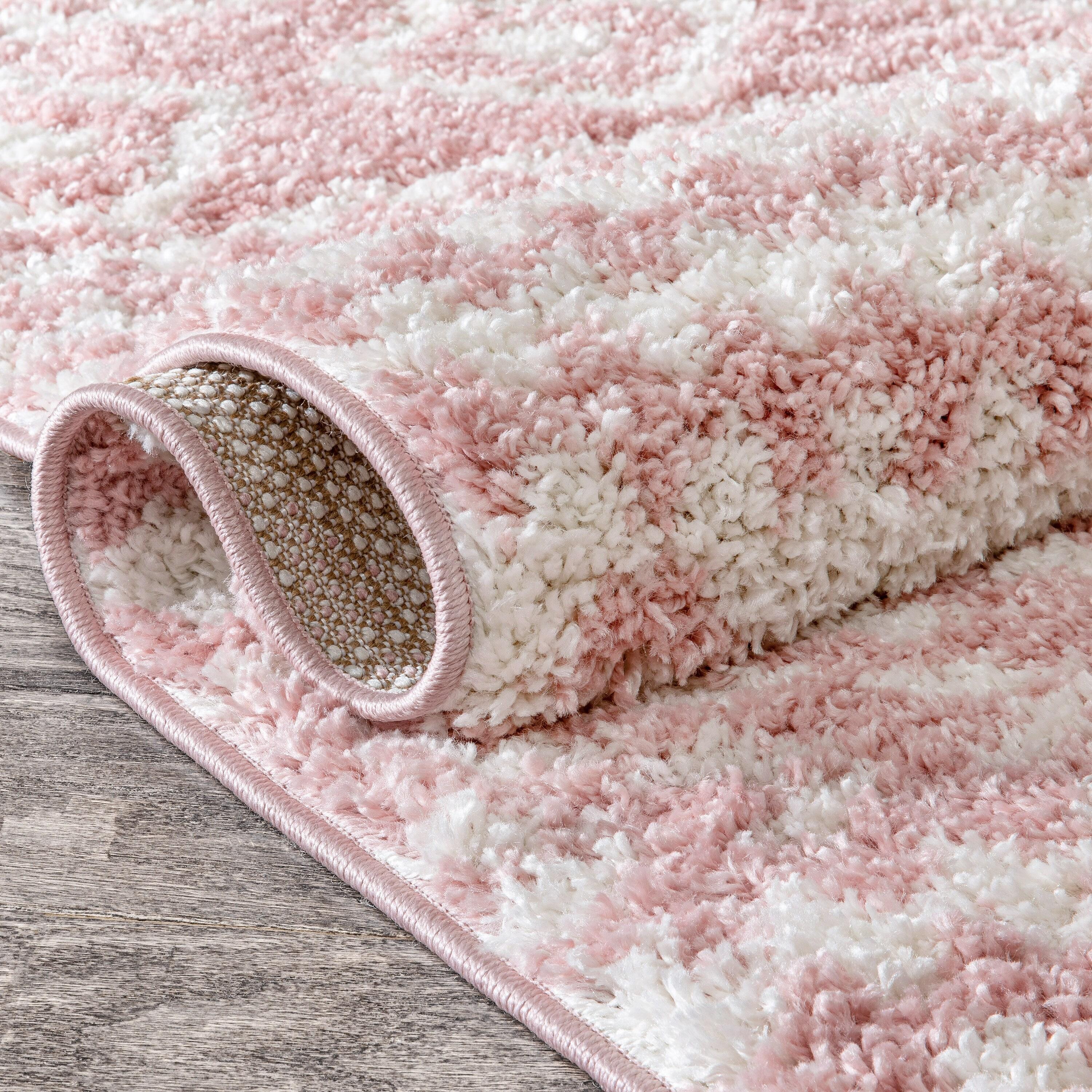 Well Woven Diamond Stripes Shag Blush Cozy 1" Thick 2'7" x 9'10" Runner Pink Area Rug