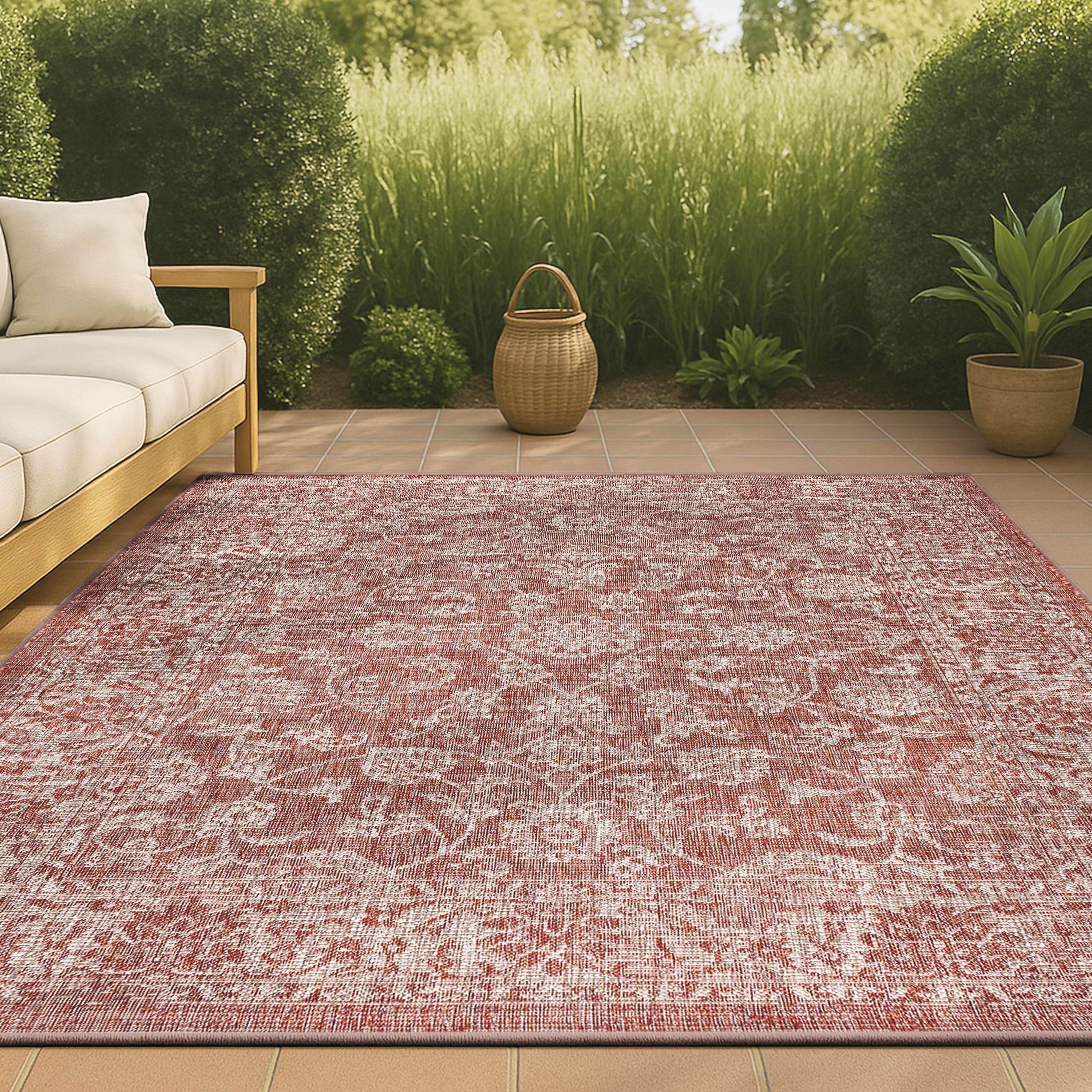 8'x10' Tela Bohemian Textured Weave Floral Indoor/Outdoor Area Rug, Red/Taupe - JONATHAN Y