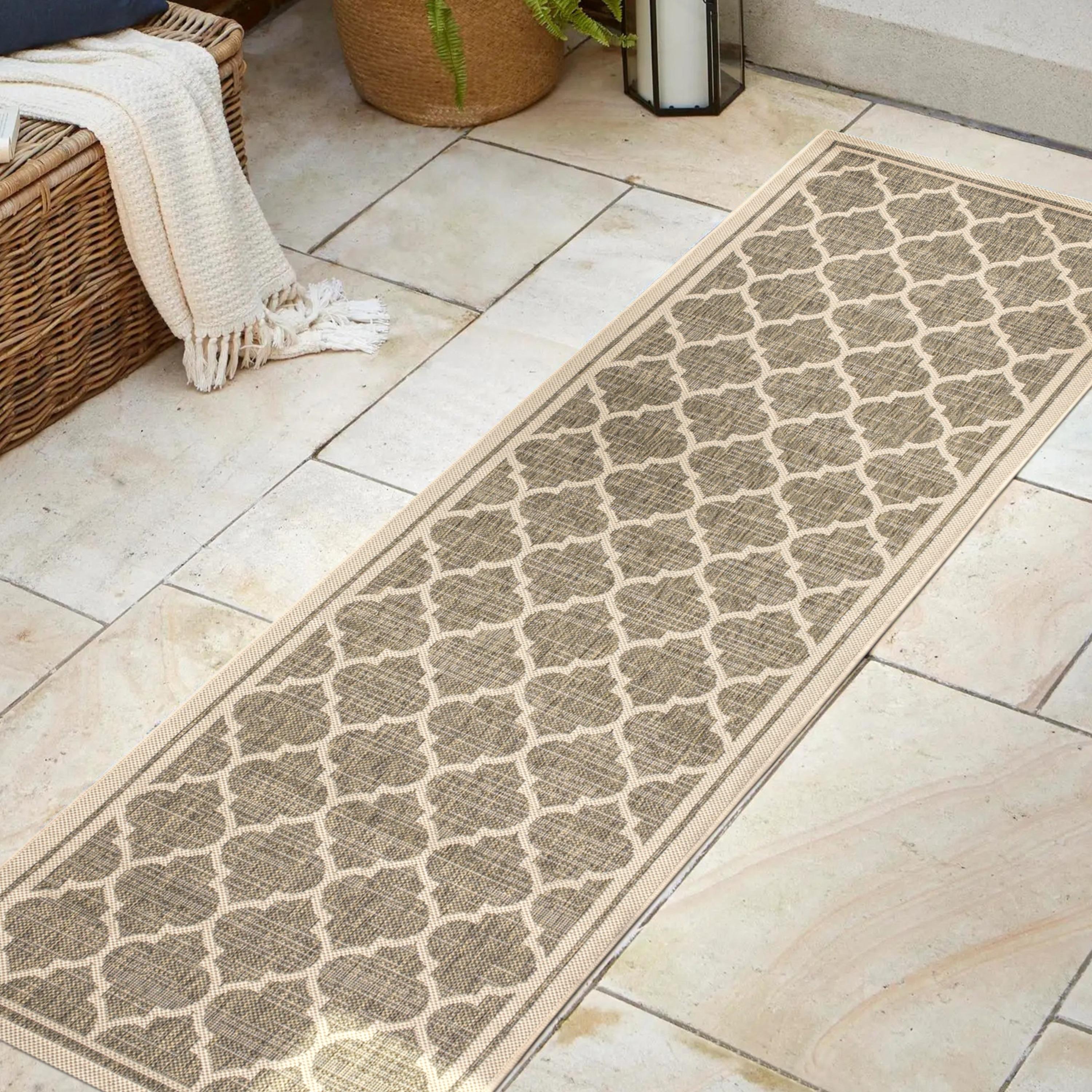 2' x 10' Trebol Moroccan Trellis Textured Weave Indoor/Outdoor Runner Rug, Brown/Beige - JONATHAN Y