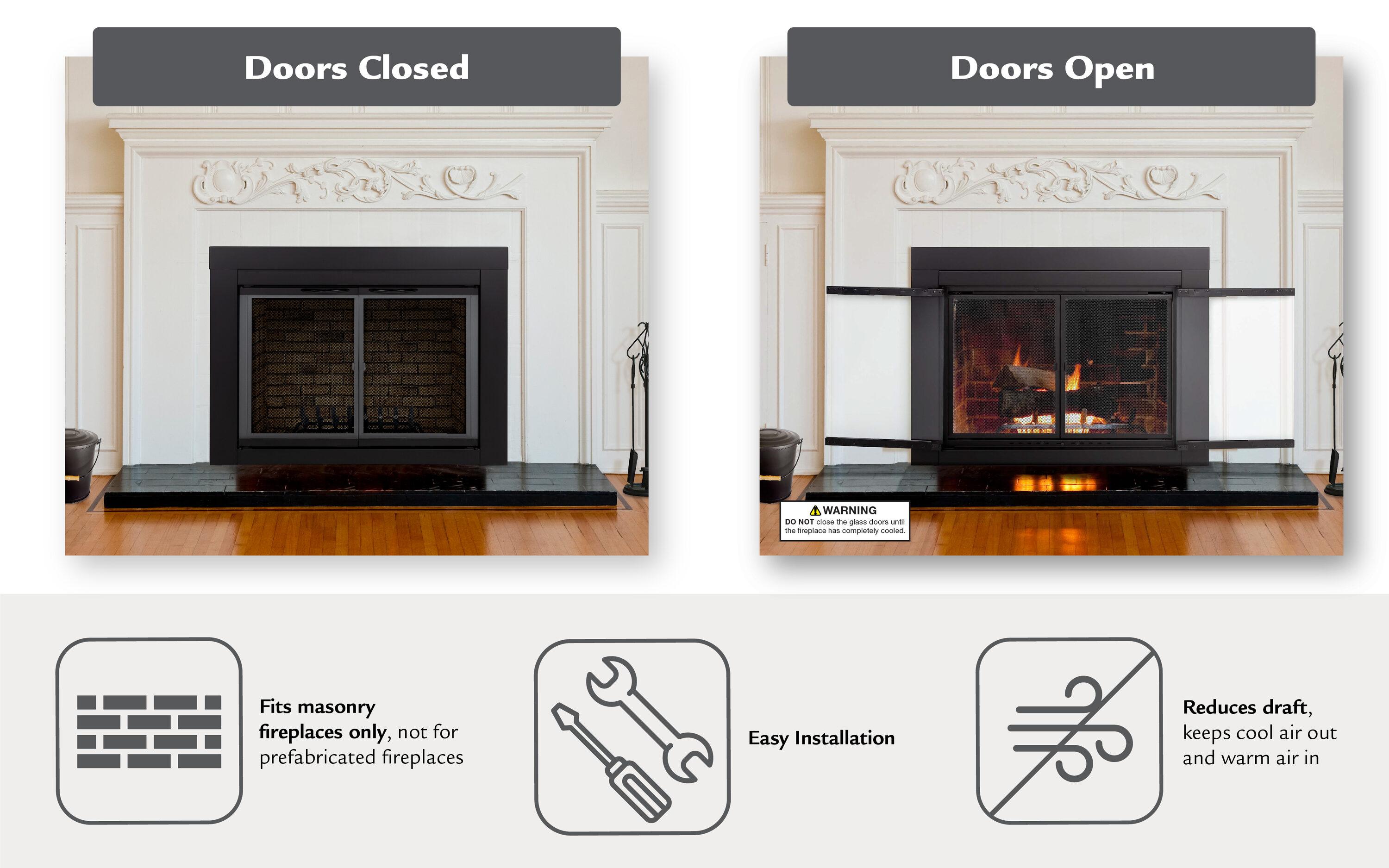 GHP Group AN-1011 Alpine Cabinet Style Fireplace Screen And Glass Doors, Medium, Black Powder Coated Finish