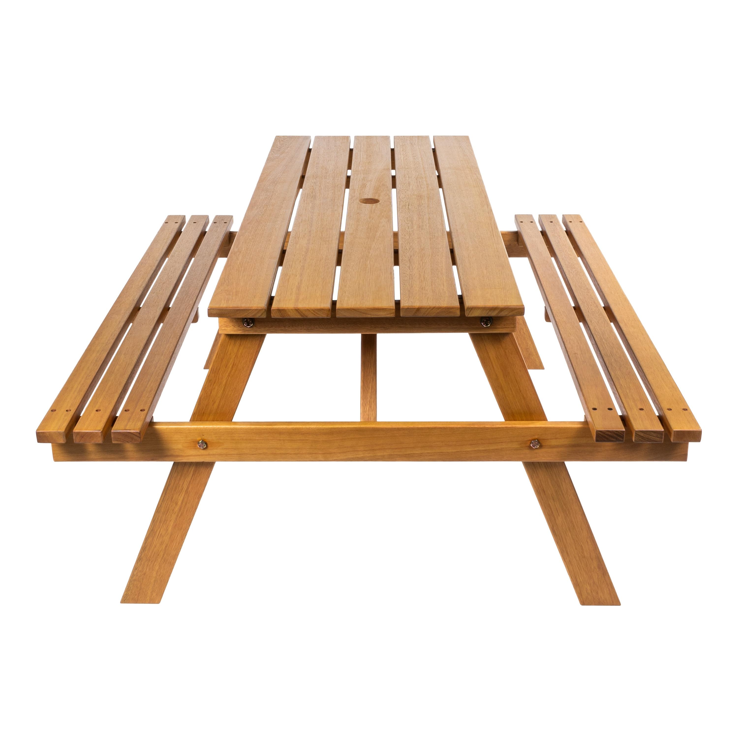 Shoreham 59" Modern Classic Outdoor Wood Picnic Table Benches with Umbrella Hole, Teak Brown - JONATHAN Y