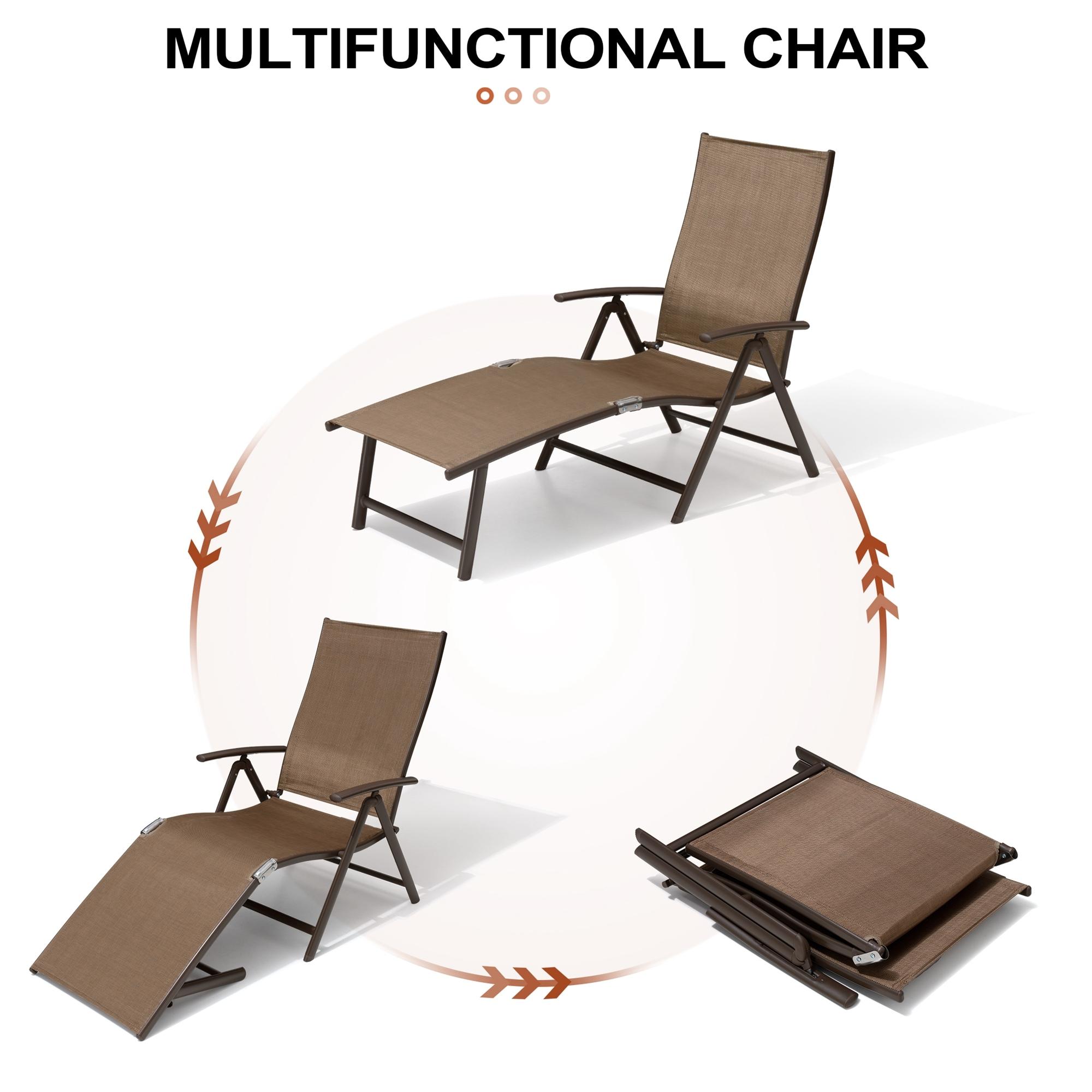 Crestlive Products  Outdoor Aluminum Folding Recliner Adjustable Chaise Lounge (Set of 2) - See Picture Brown Fabric, Brown Farme