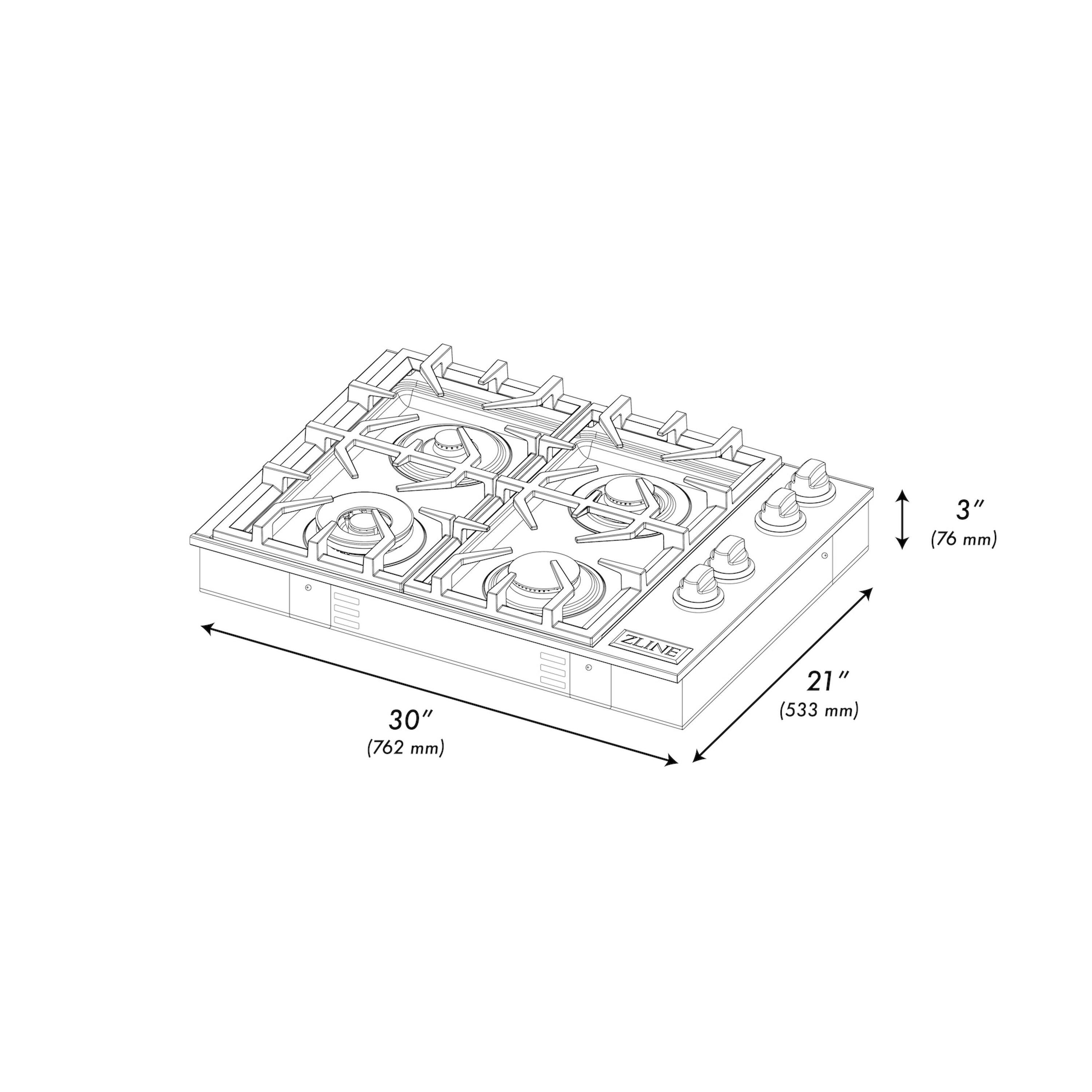 ZLINE 30" Gas Cooktop with 4 Gas Brass Burners and Black Porcelain Top