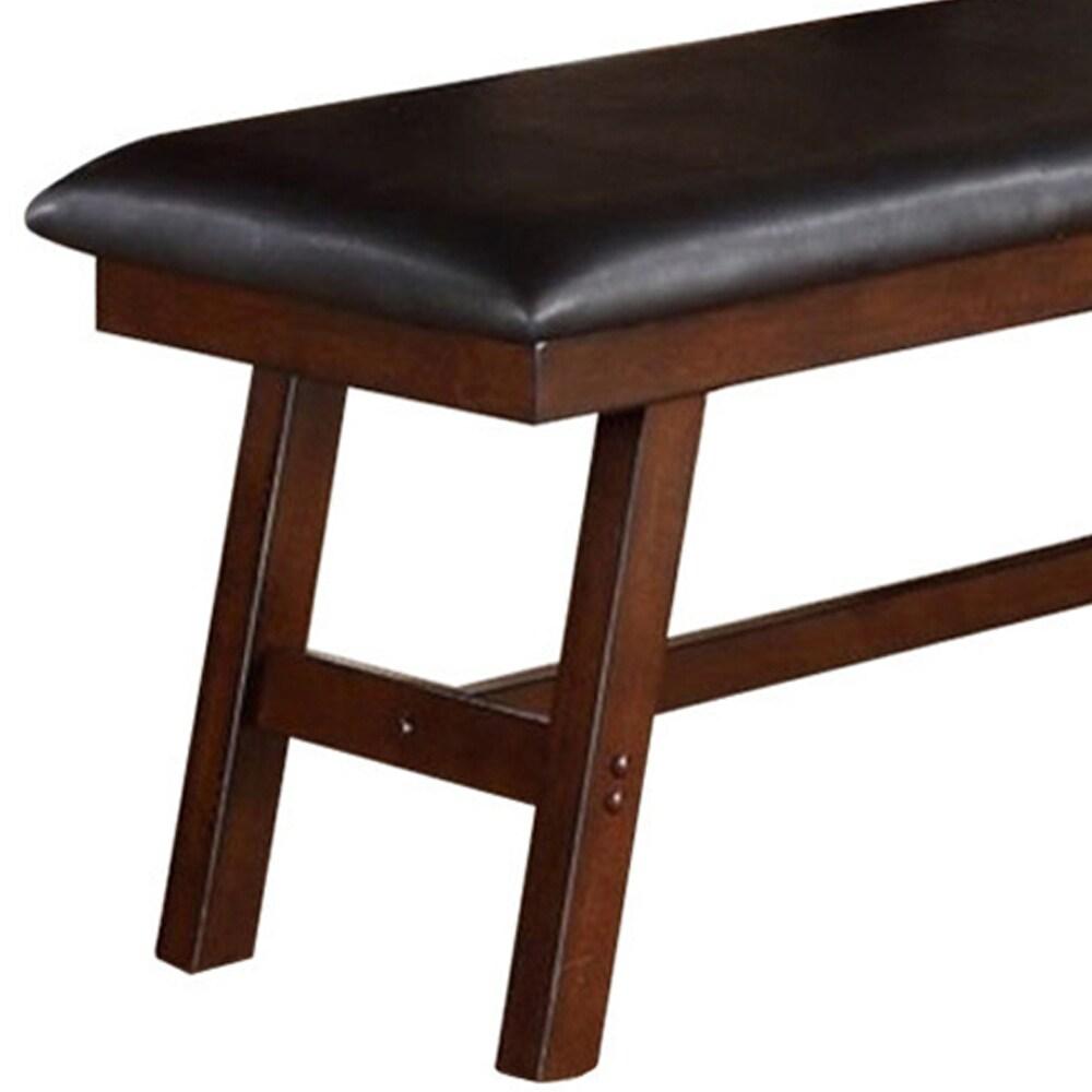 Benjara Rubber Wood Bench With Faux Leather Upholstery, Brown-Size:Large