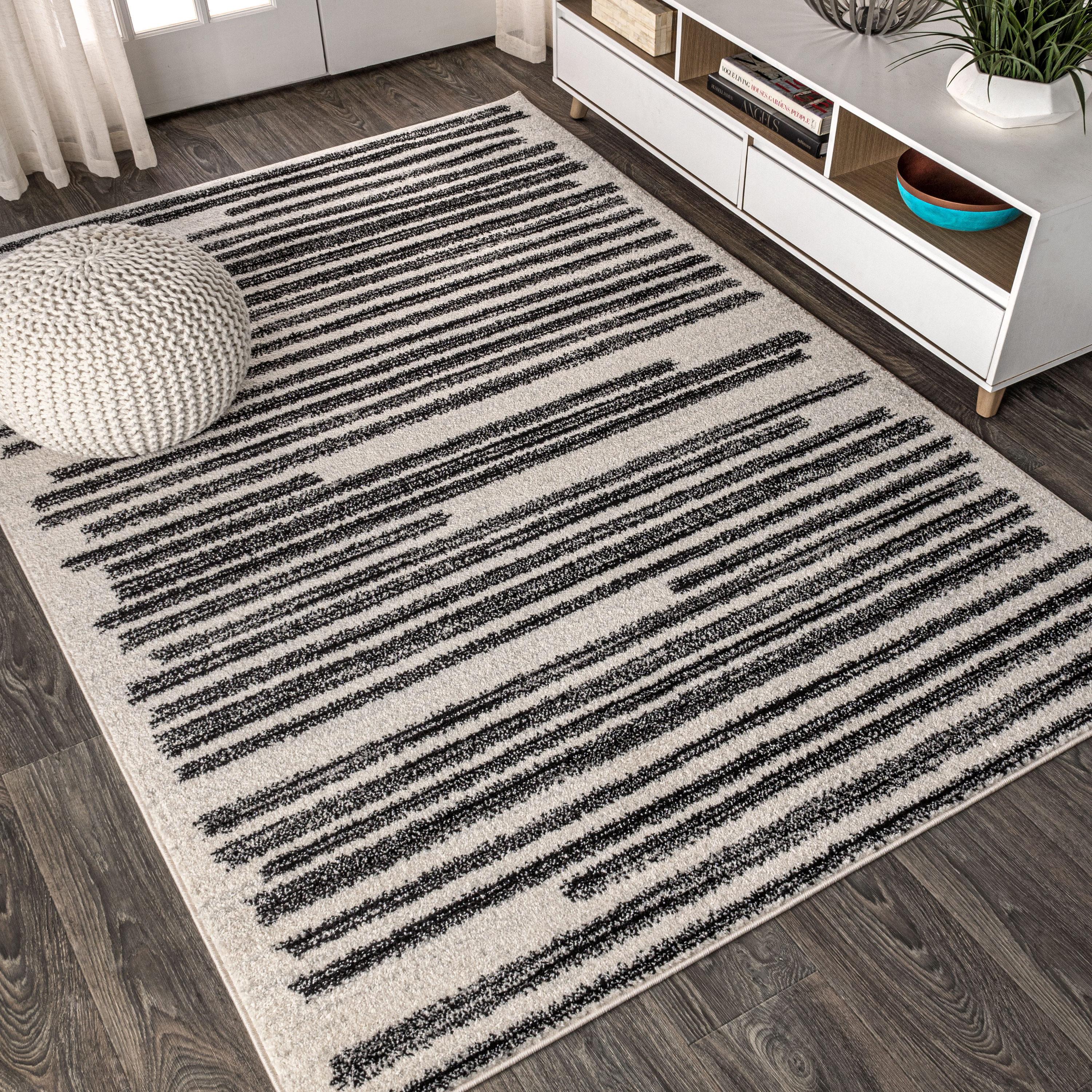 3'x5' Khalil Modern Berber Stripe Area Rug, Cream/Black - JONATHAN Y