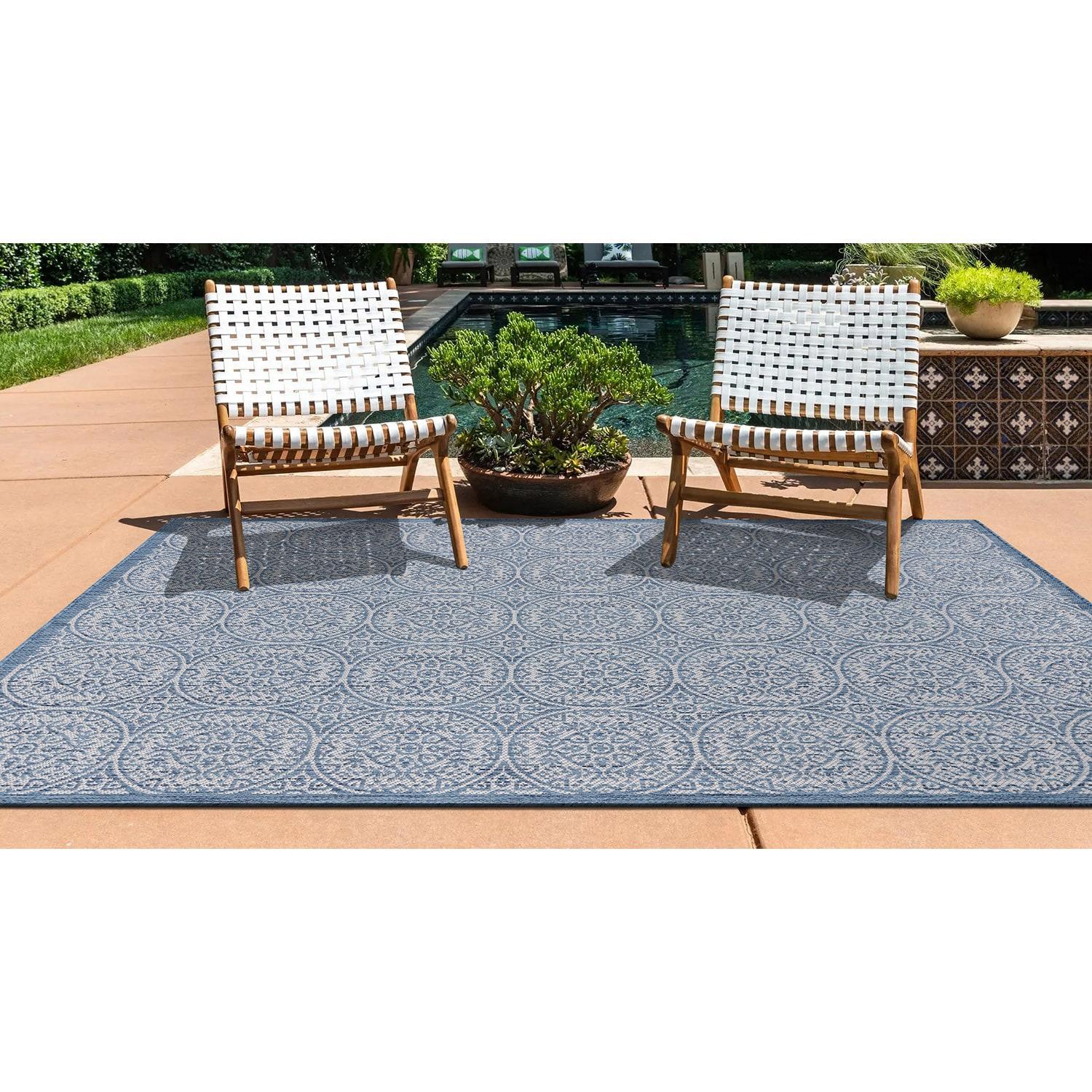 World Rug Gallery Transitional Floral Circles Textured Flat Weave Indoor/Outdoor Area Rug - BLUE 5' X 7'