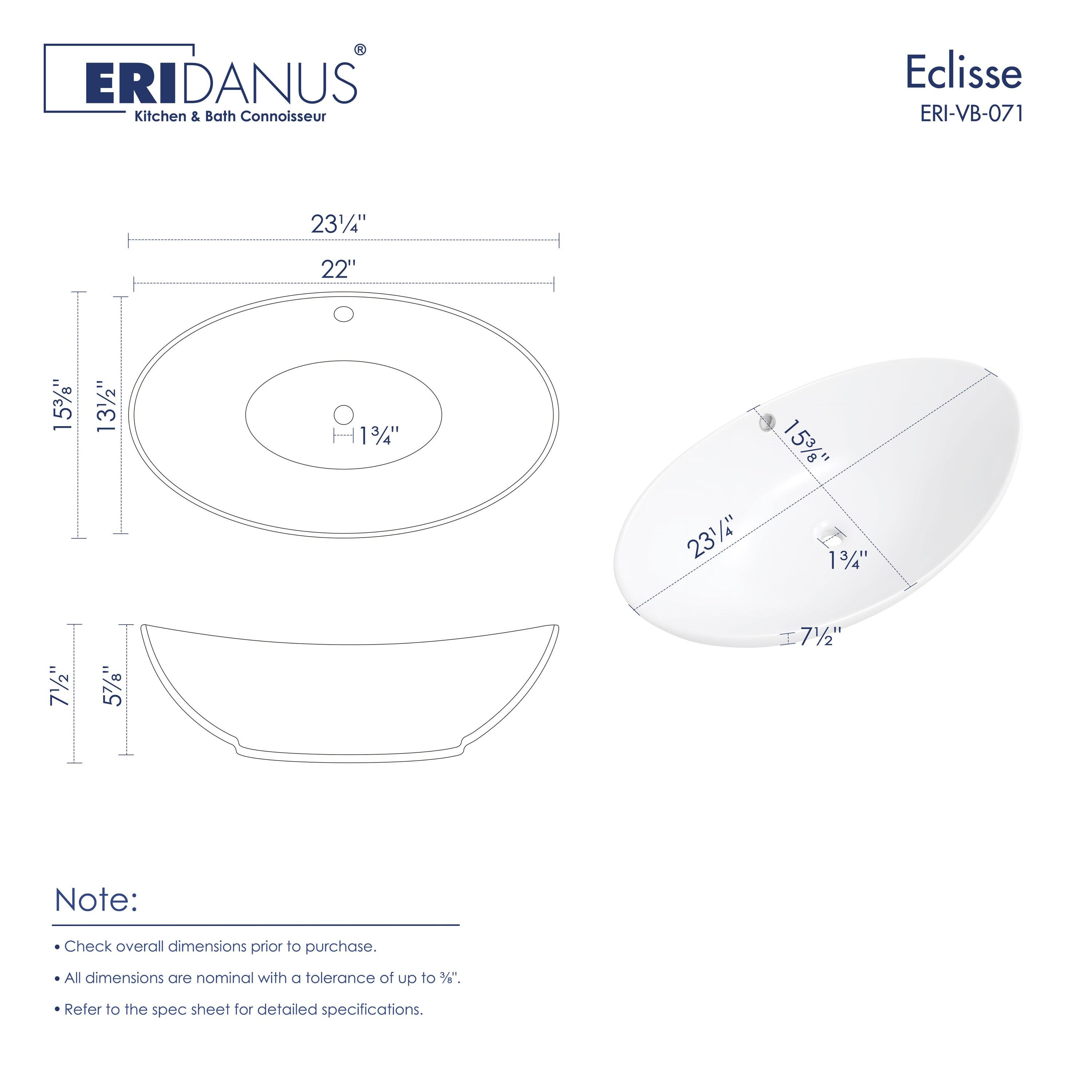 Eclisse 23" x 15" White Vitreous China Oval Bathroom Vessel Sink with Overflow