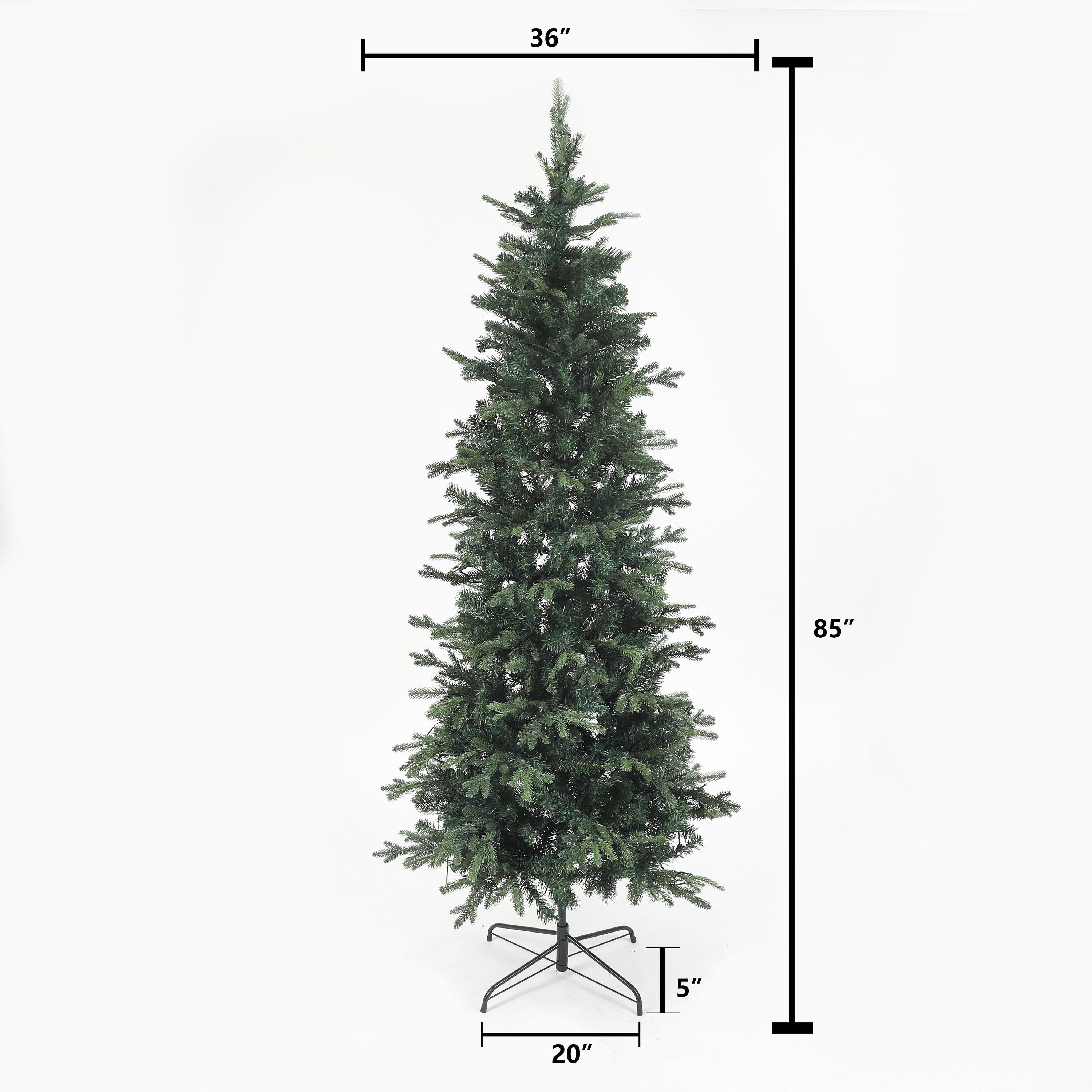 LuxenHome 7.1Ft Christmas Tree, Pre-Lit Tall Slim Fir Artificial Christmas Tree with Metal Stand, Skinny Christmas Tree with LED Light Green