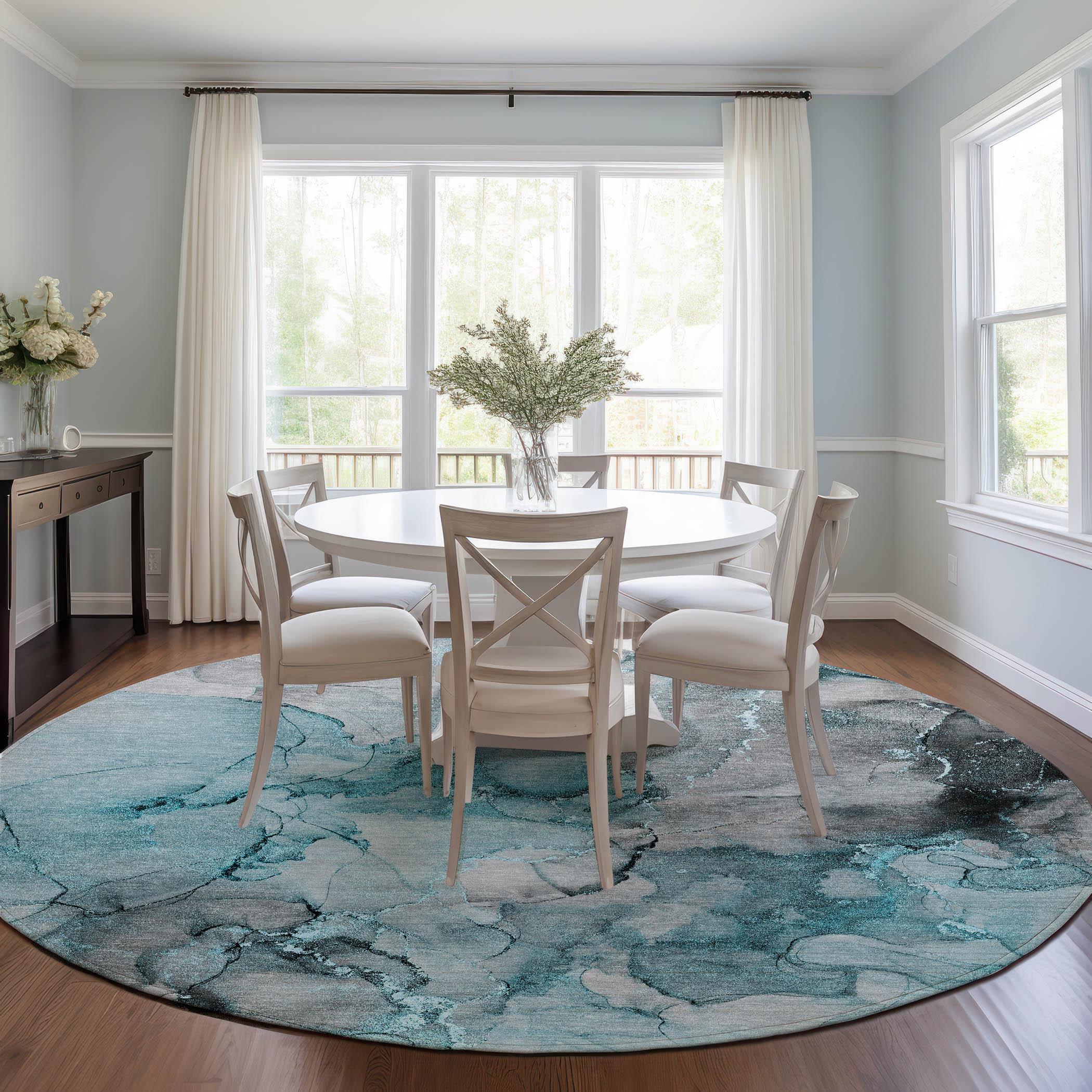 Teal and Gray Round Machine Washable Area Rug