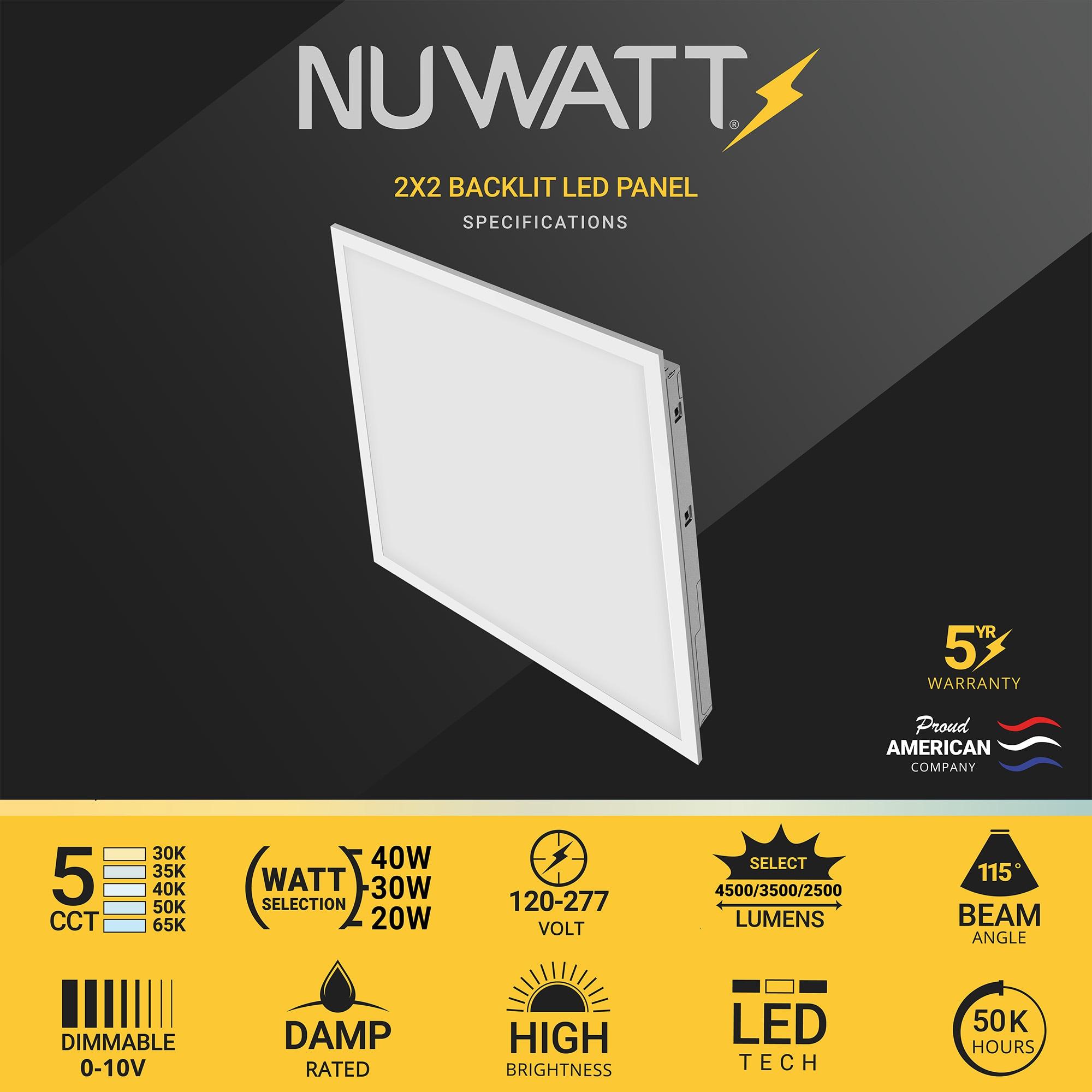 NUWATT 4 Pack 2x2 LED Panel for Drop-in Ceiling, 40W/30W/20W Selectable, 3 Color Select, 3500K/4000K/5000K, Super Bright 4400LM, 0-10V Dimmable Flat Backlit Fixture, 120V-277V, ETL Listed (Set of 4)