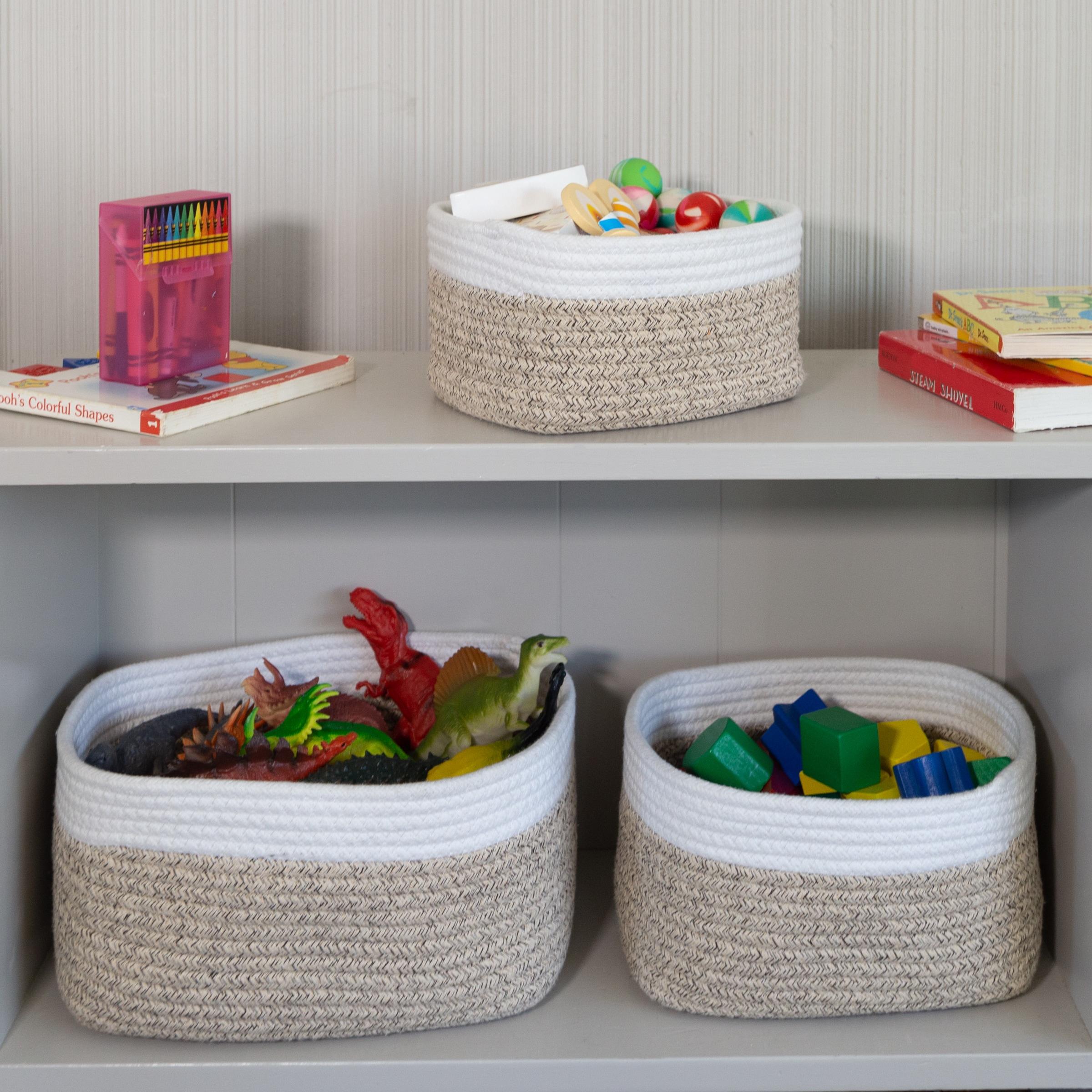 Home-Complete 3pc Storage Basket Set Natural: Cotton Square Decorative Bins for Shelves, Hand Wash, 12"x8.5"x5.5"