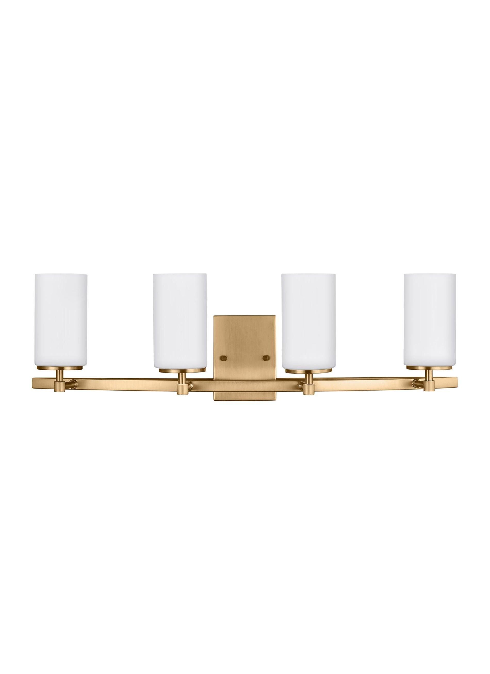 Alturas 30.5 in. 4-Light Satin Brass Modern Contemporary Wall Bathroom Vanity Light with Satin Etched Glass Shades