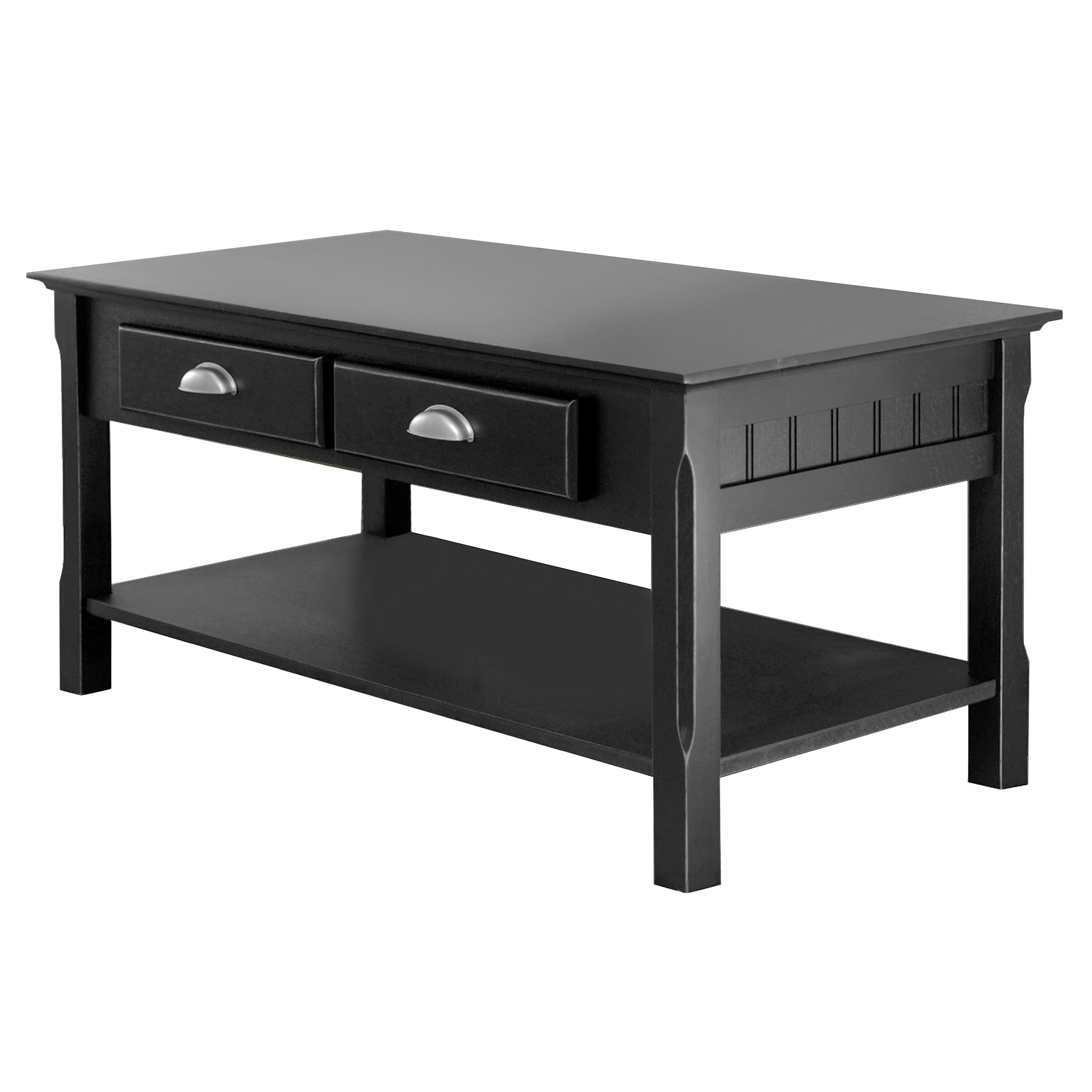 Timer Coffee Table, Drawers and Shelf - Black - Winsome: Solid Wood, Chrome Handle Accents