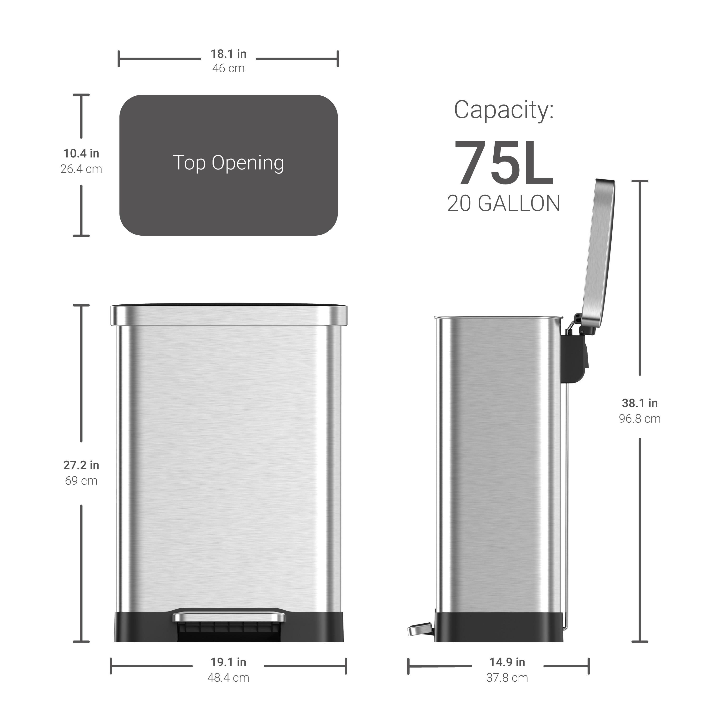 QUALIAZERO 20 GAL/75L, RECTANGLE SHAPE, STAINLESS STEEL STEP-ON CAN, WITH SOFT CLOSE LID, BRUSH FINISH