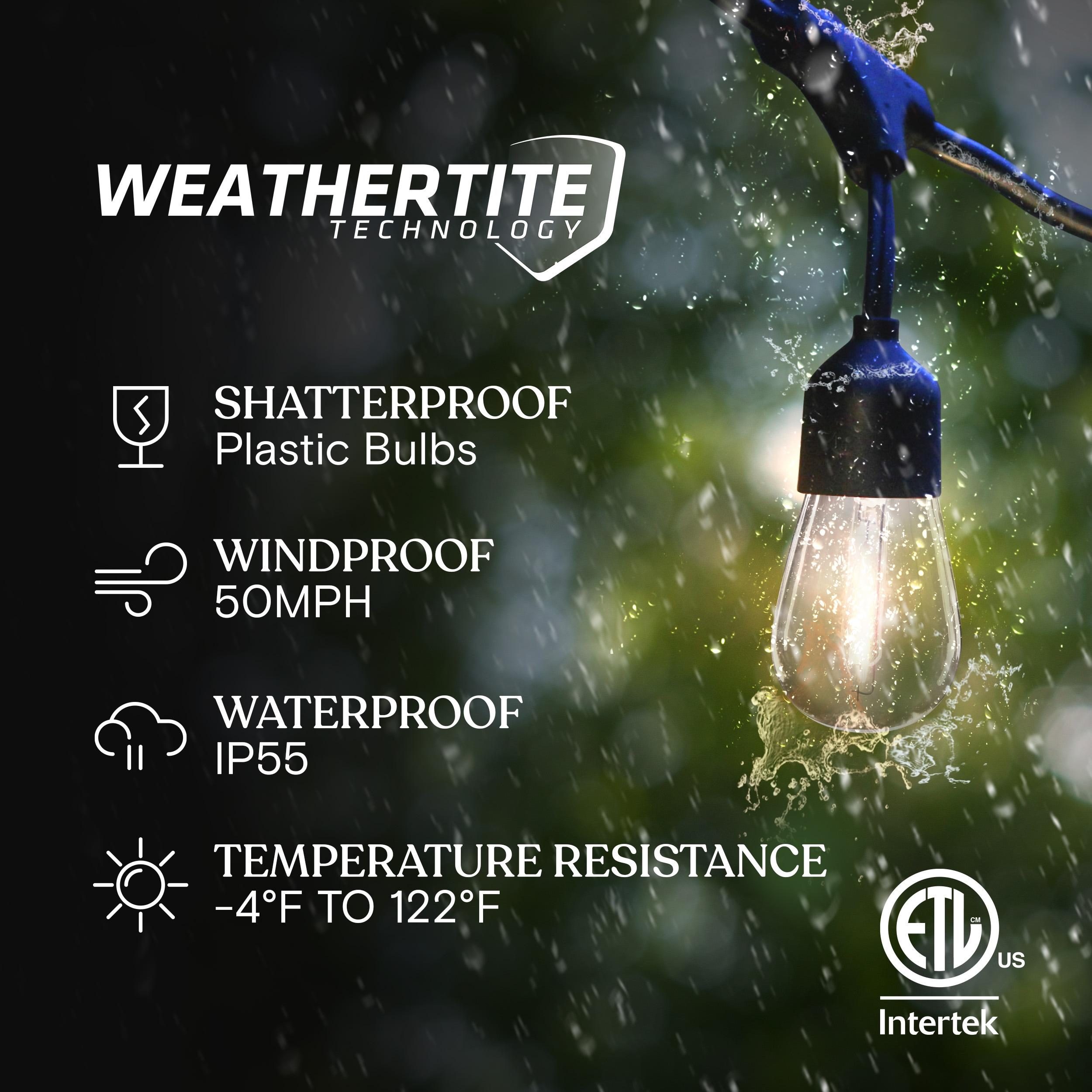 Brightech Ambience Pro 48 ft. Solar-Powered Outdoor LED String Lights with 15 Warm White S14 Bulbs, Weatherproof and Commercial-Grade Cord