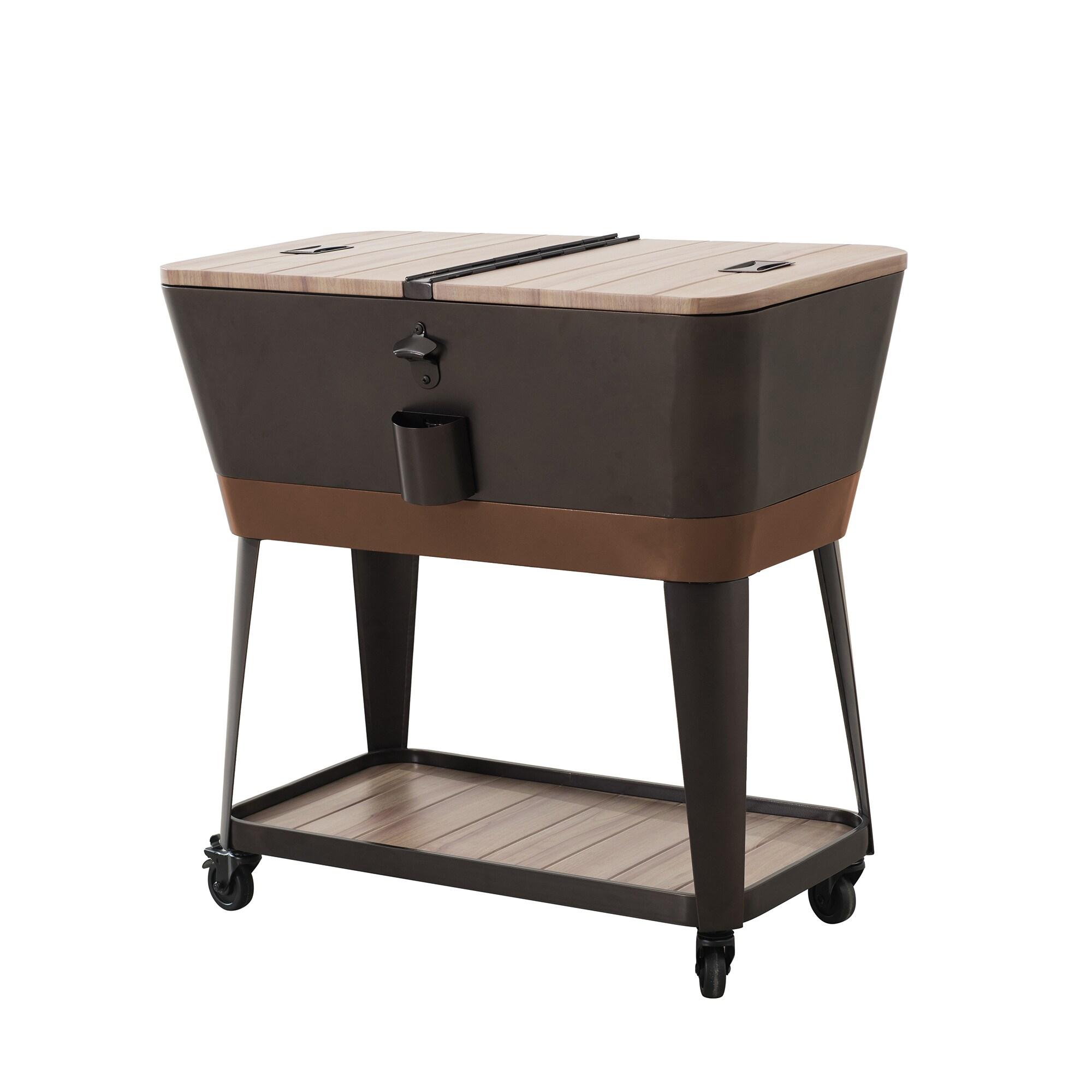 Sunjoy Durant 80-Quart Wood Grain Finish Metal Rolling Ice Chest Cooler Cart with Storage Shelf, Steel Bottle Opener, and Lockable Wheels