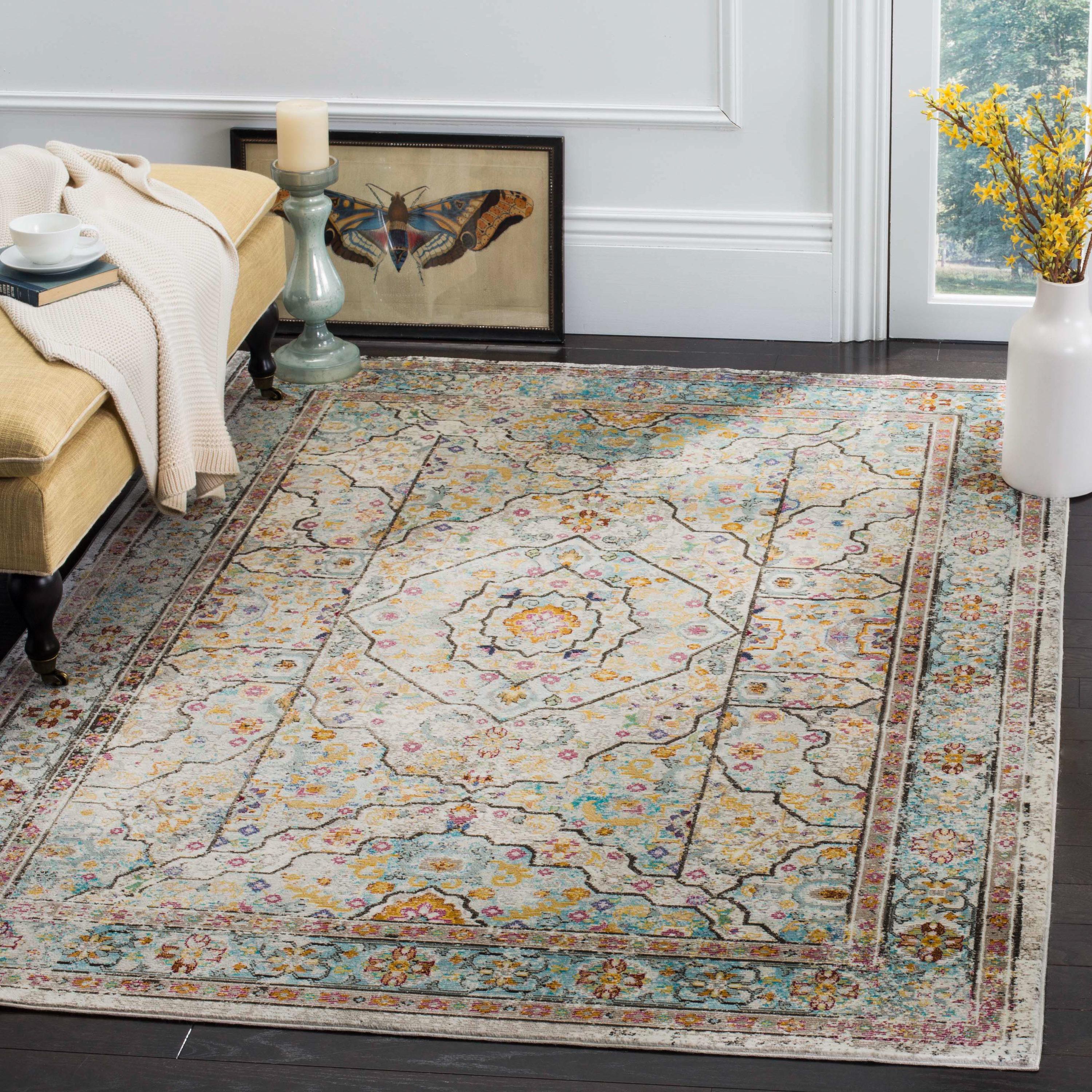 Aria ARA199 Power Loomed Area Rug - Cream/Blue - 6'5"x6'5" - Safavieh.