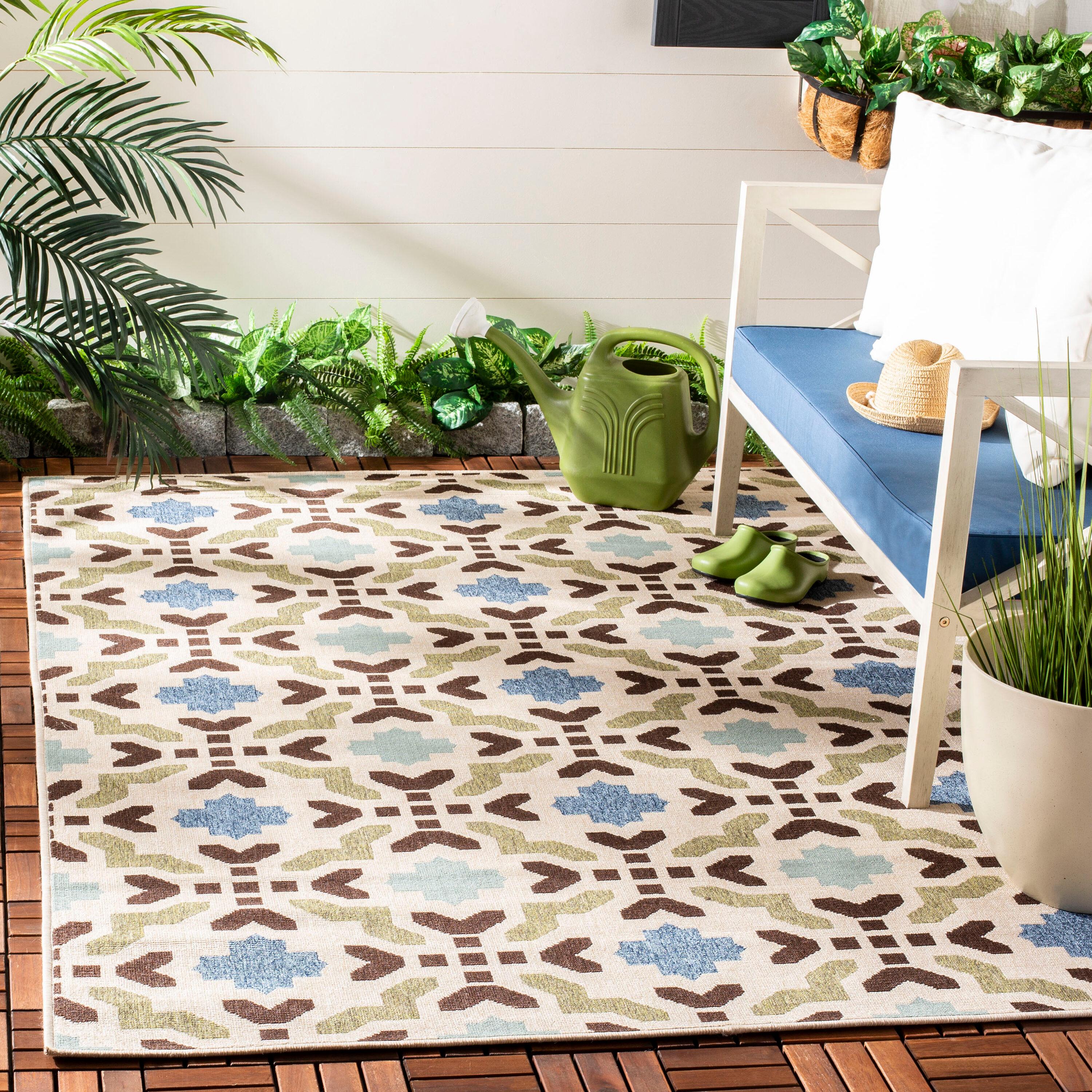 SAFAVIEH Veranda Branson Geometric Indoor/Outdoor Area Rug, 2'7" x 5', Cream/Aqua