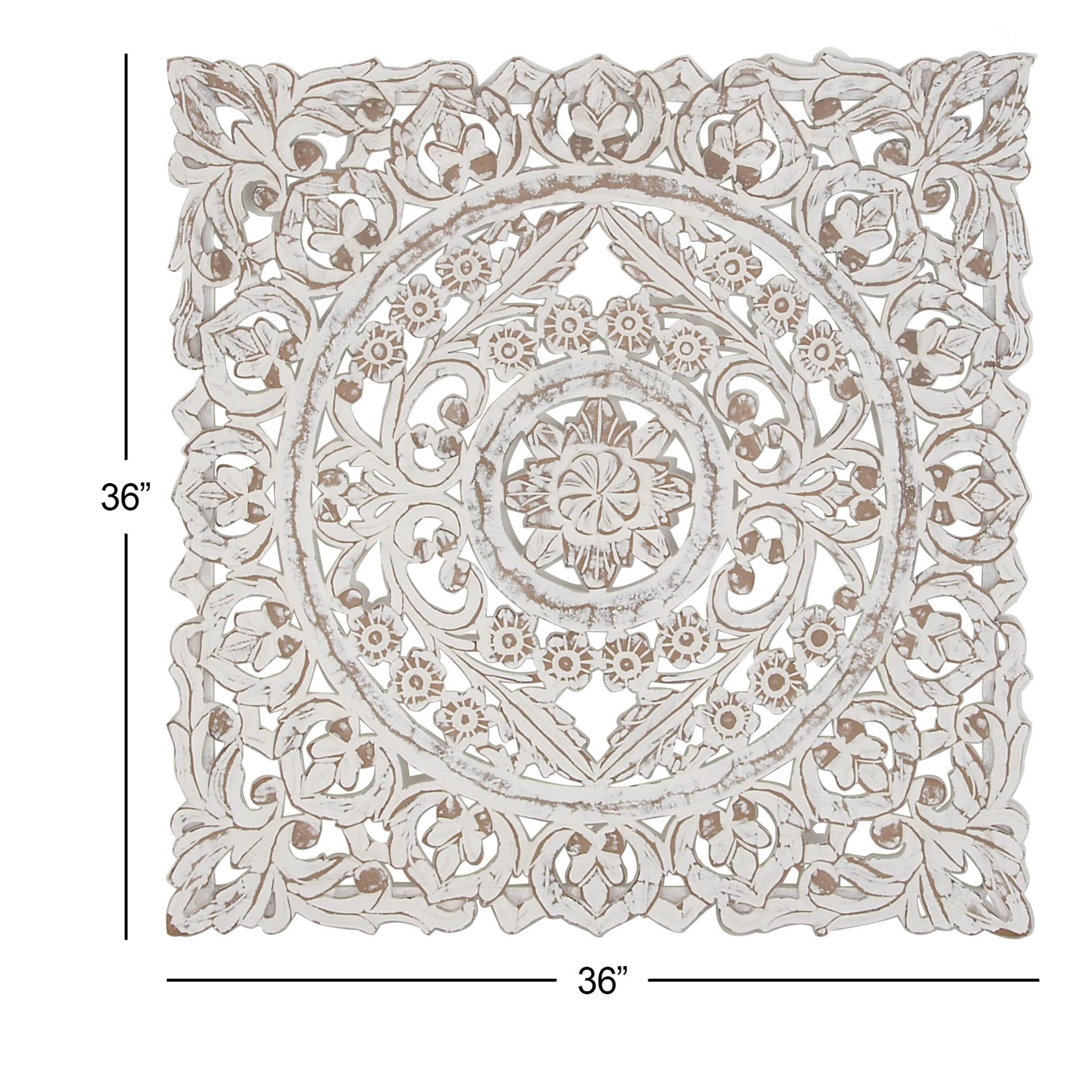 DecMode Traditional Wood Square White Handmade Wall Décor with Carved Mandala Design, 36"W x 36"H