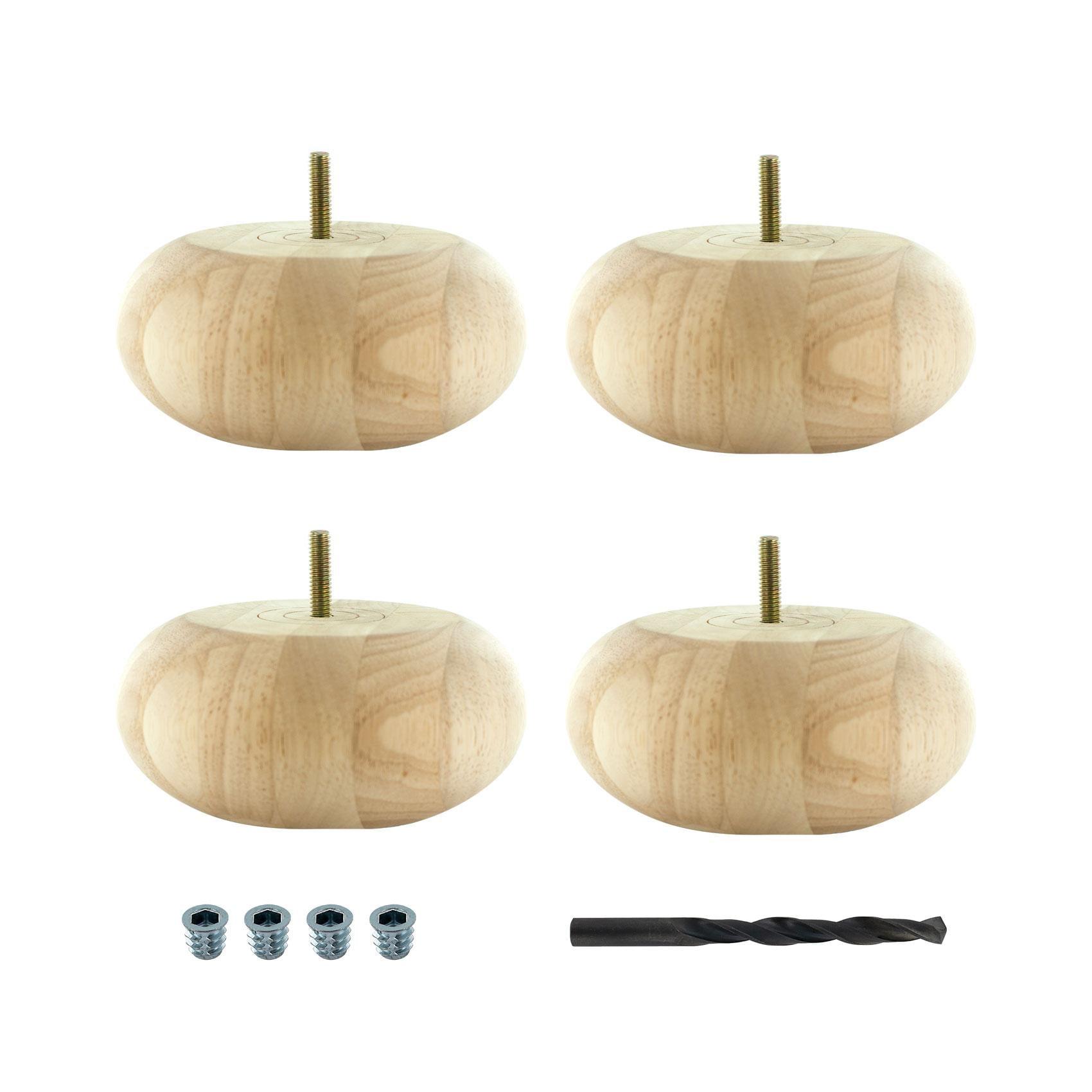 2-1/2in H x 5-1/2in Dia Unfinished Solid Hardwood Bun Foot Leg, Pack of 4 (Set of 4)