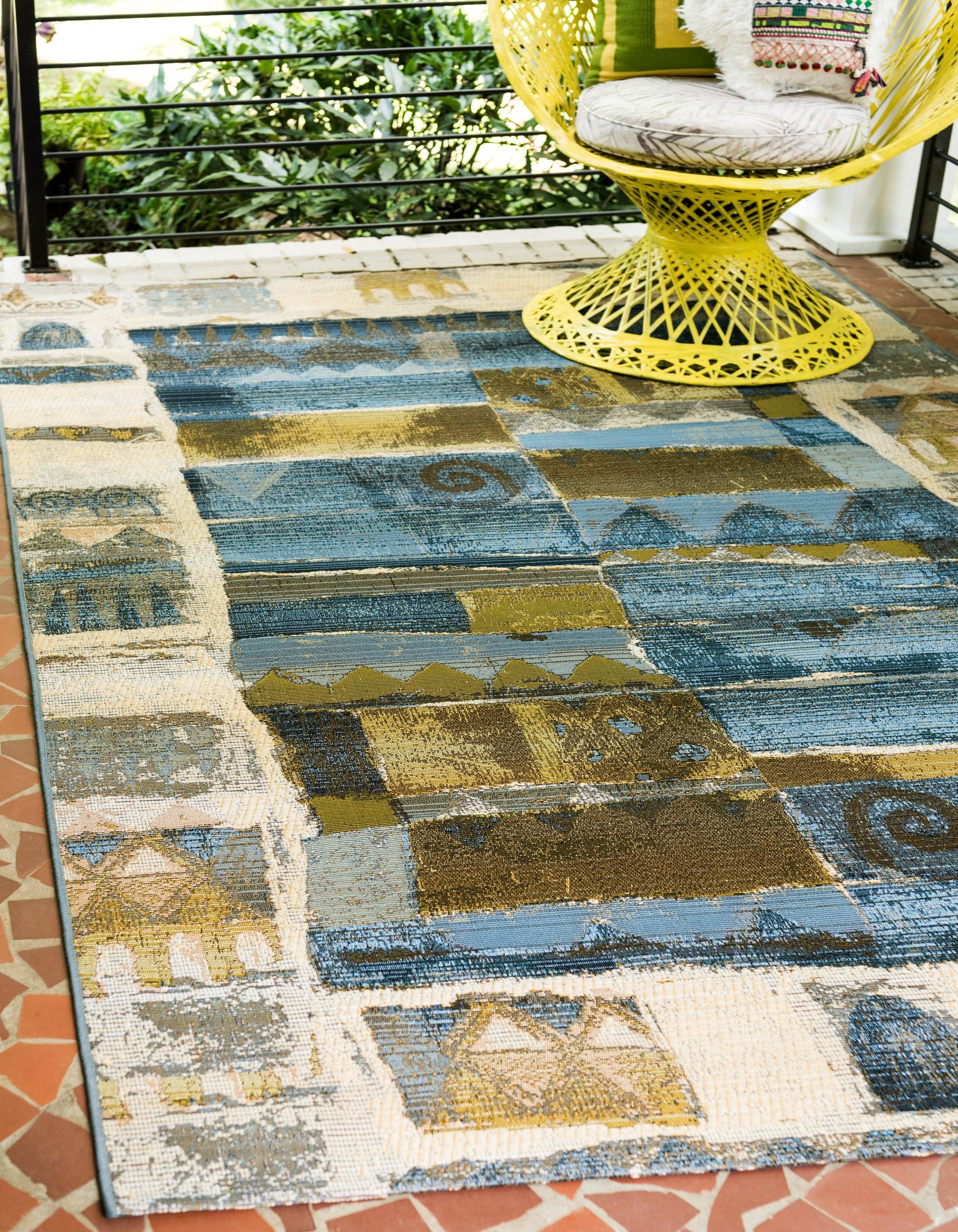 Unique Loom Outdoor Modern Collection Area Rug - Glyph (8' x 11' 4" Rectangle Blue/Beige)