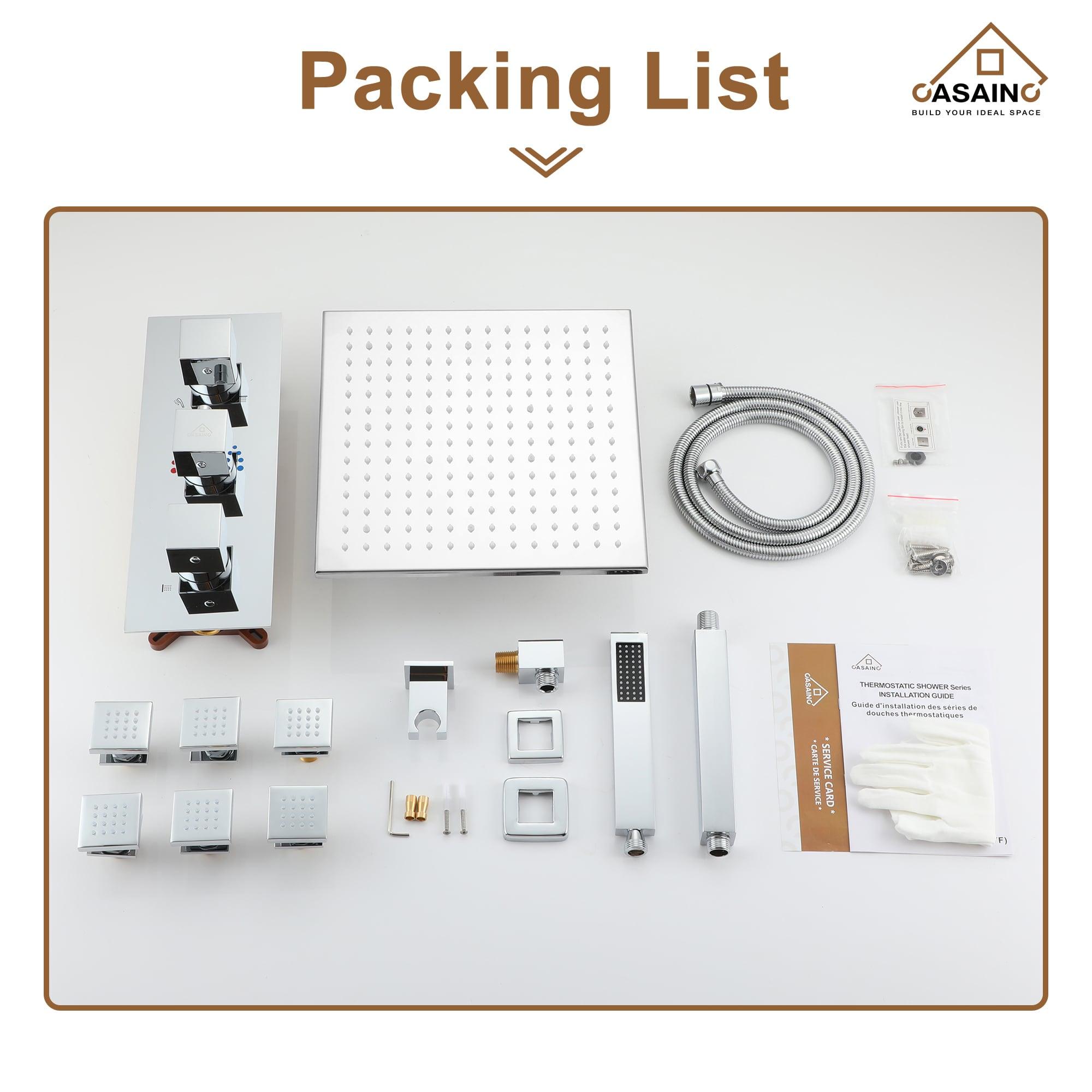 3-Function Luxury Ceiling Mount 12 Inch LED Thermostatic Shower System with 6 Body Jets