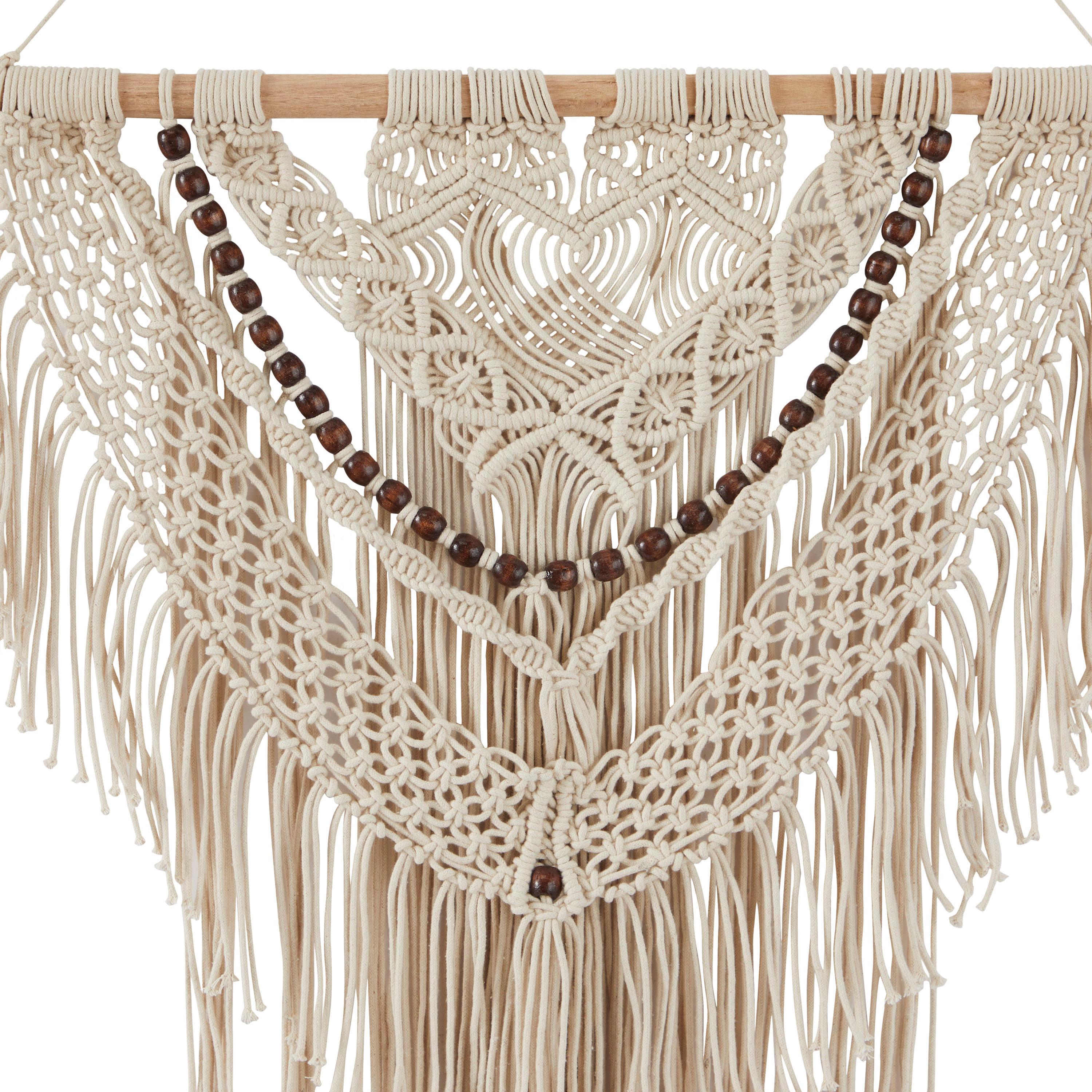DecMode Cream Cotton Intricately Weaved Macrame Wall Decor with Beaded Fringe Tassels