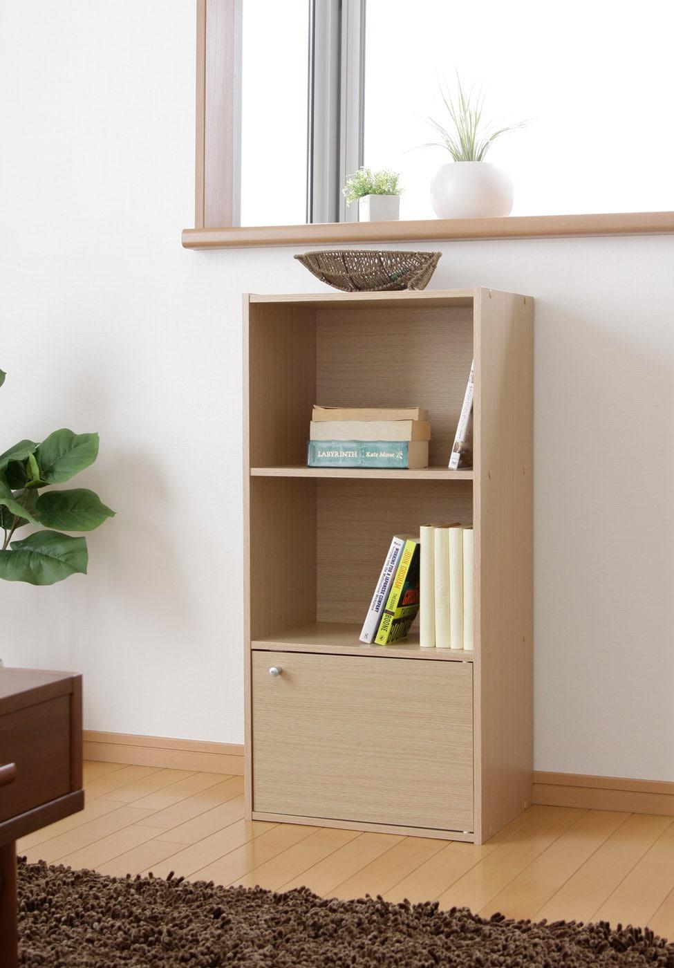 IRIS 3-Tier Wood Storage Shelf with Door, Light Brown