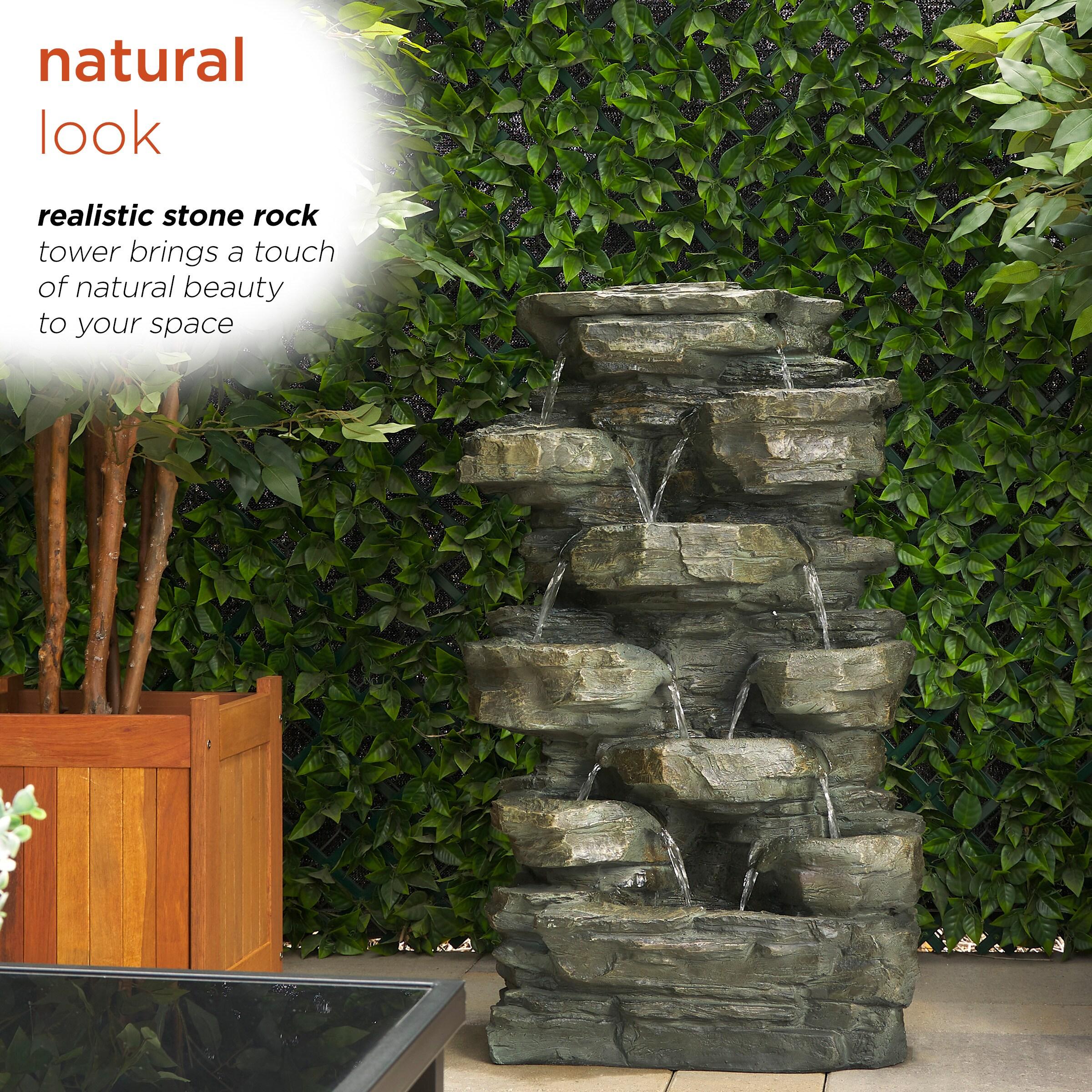 Gray Stone 39" Solar Powered Tiered Rock Fountain with LED Lights