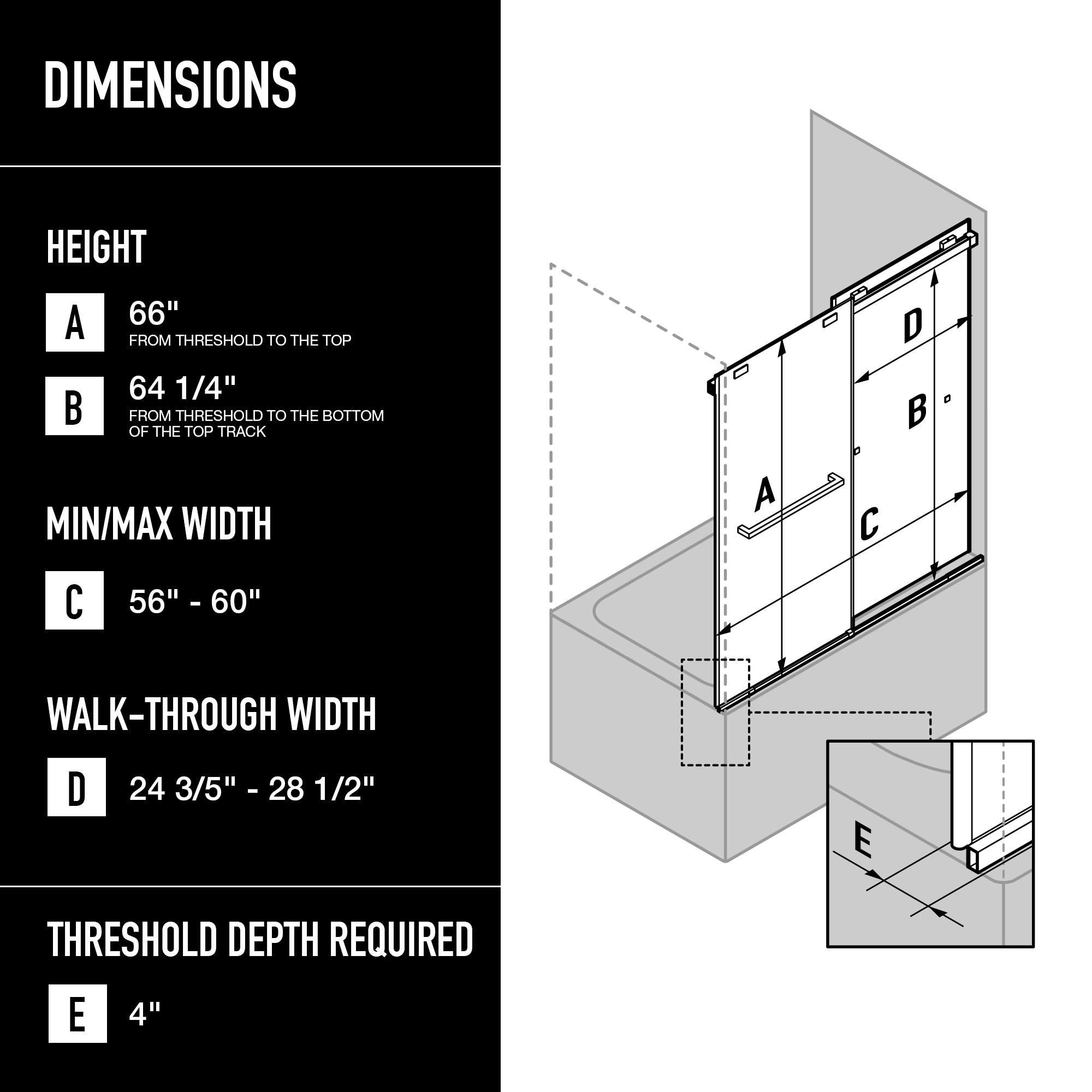 Houston 56-60" W x 66" H Double Sliding Frameless Tub Door with 3/8" Clear Glass