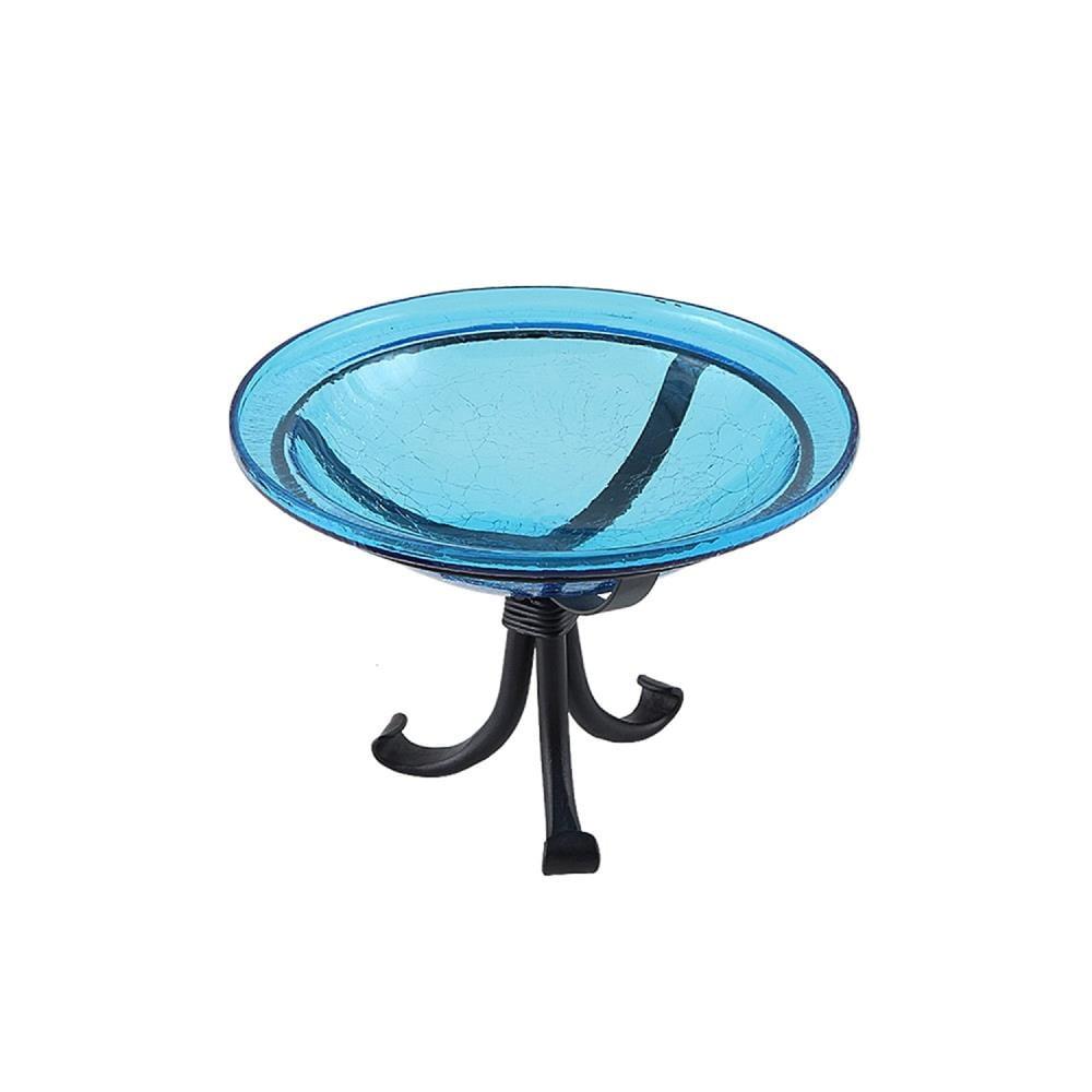 12.75" Reflective Crackle Glass Birdbath Bowl with Tripod Stand Teal Blue - Achla Designs: Weather-Resistant, No Assembly Required