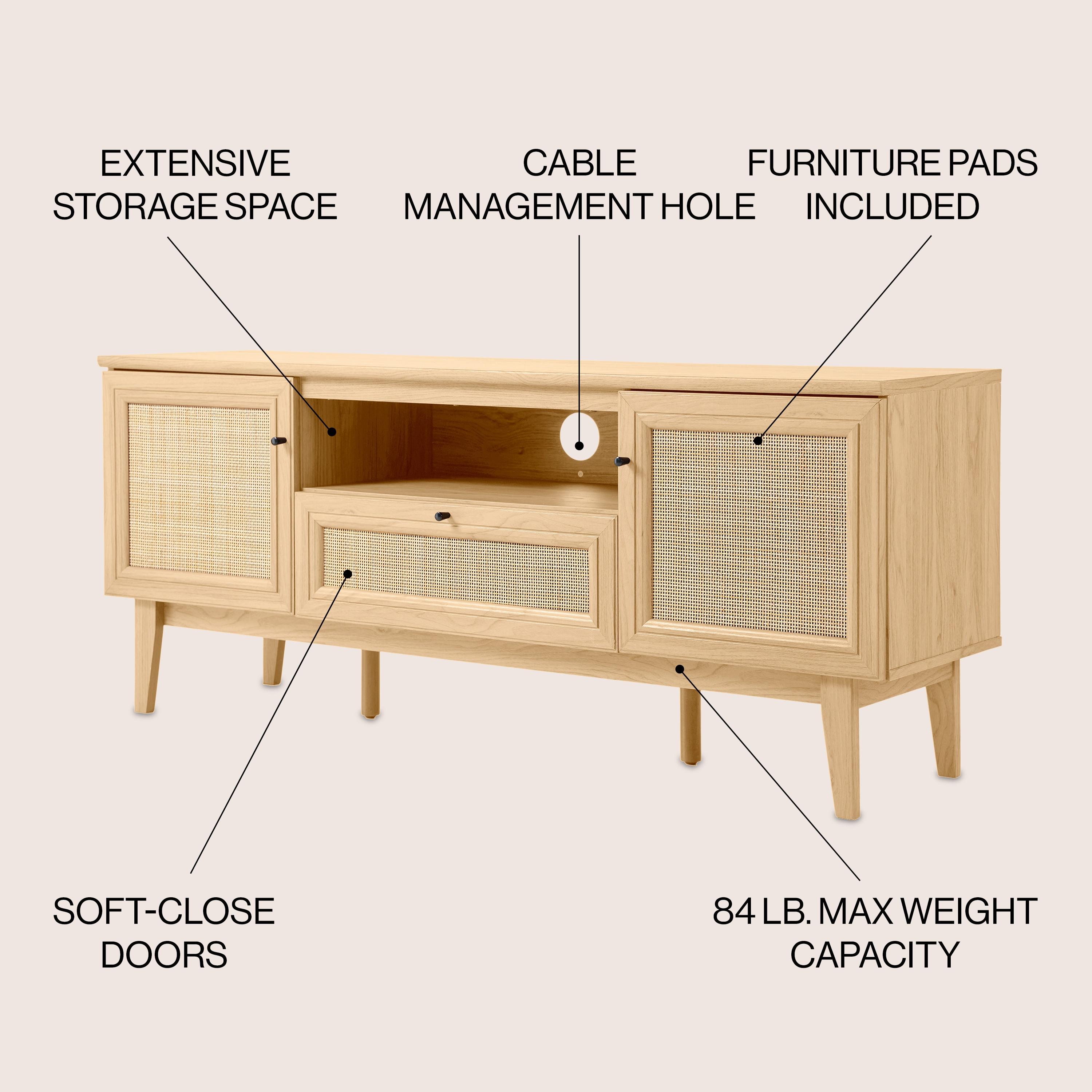 JONATHAN Y Finley 59 in. Farmhouse Caned TV Stand with Drawer and Storage Doors Fits TVs up to 65 in. with Cable Management, Oak