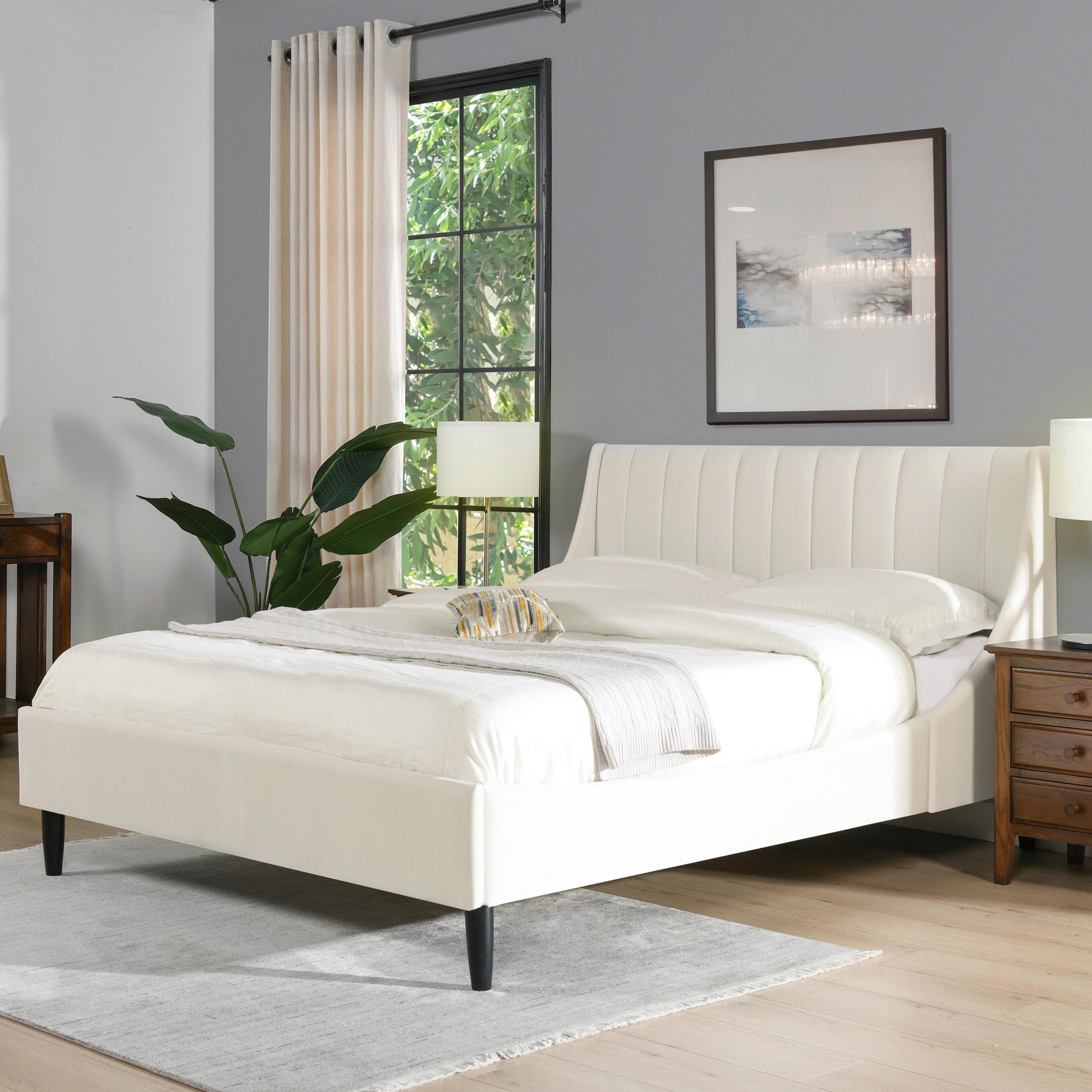 Aspen Queen Pine Upholstered Platform Bed with Tufted Headboard
