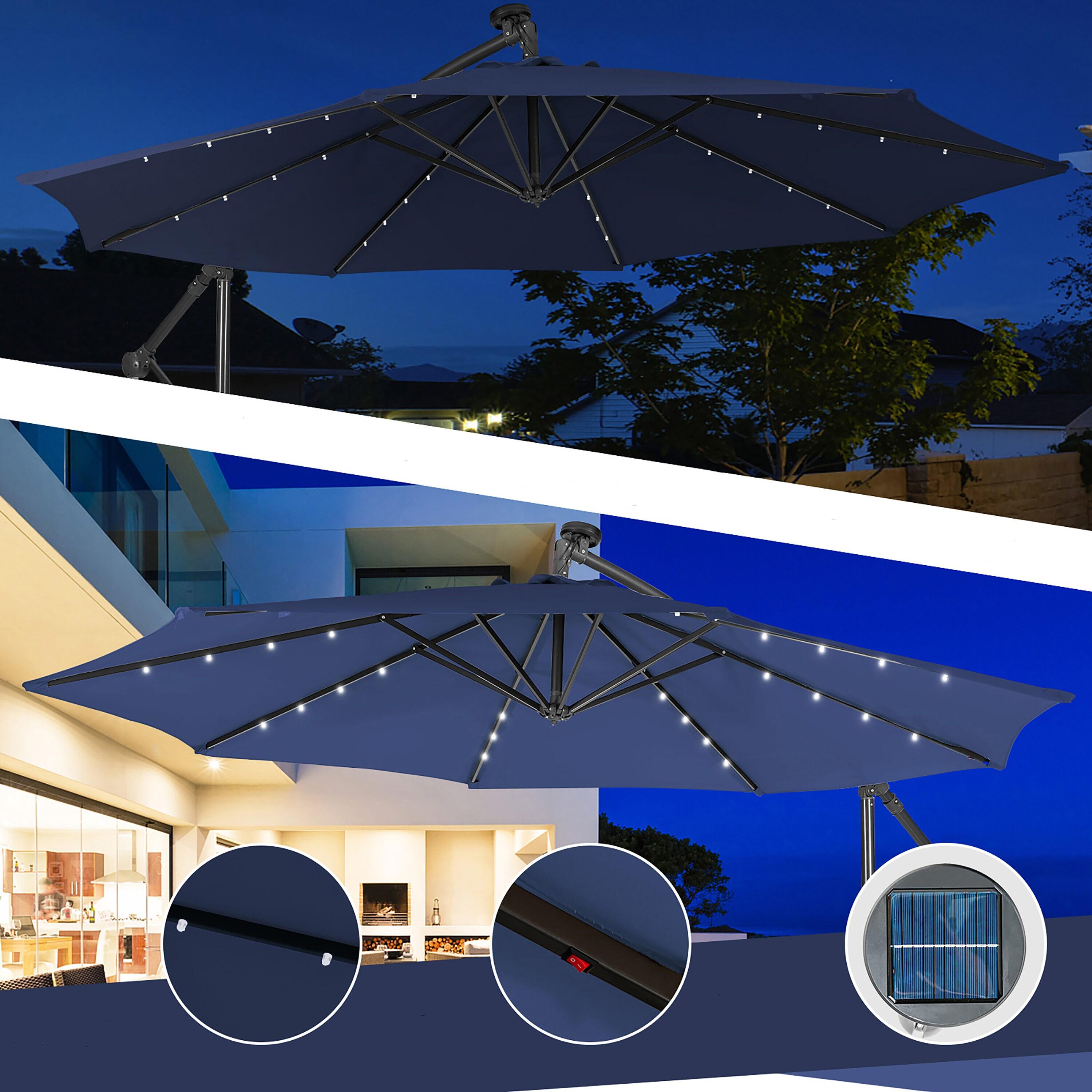 Resenkos 10 Feet Patio Solar Powered Cantilever Umbrella with Tilting System-Navy, Patio Offset Umbrella with Easy Tilt Adjustment, Outdoor Hanging Umbrella, Sunshade Umbrella Canopy