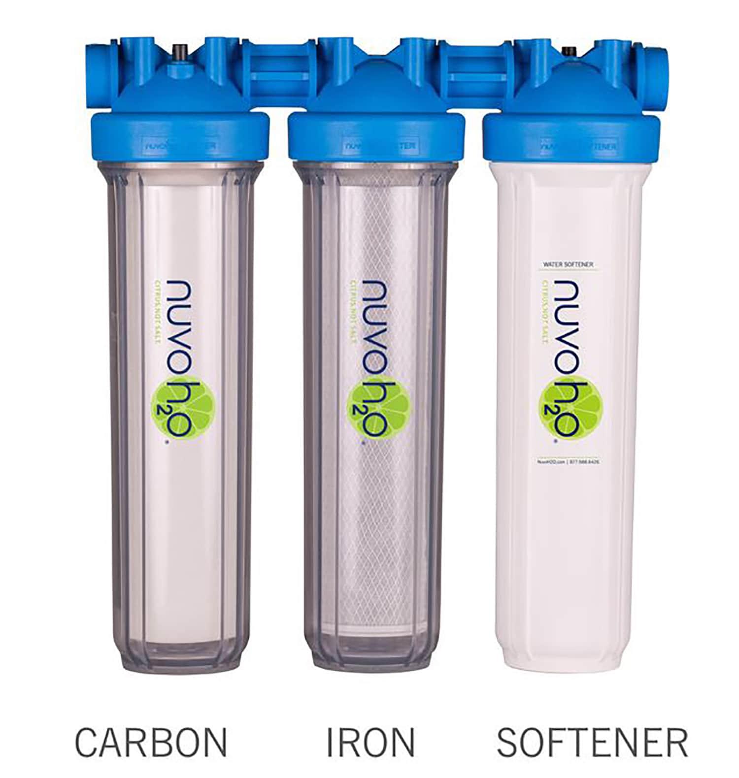 NuvoH2O Advanced 3-Stage Citrus, Salt-Free Water Filter System + Water Softener with Carbon and Iron Filtration – Healthy & Pure Water – Removes Hard Water Build Up (Whole Home Trio System)