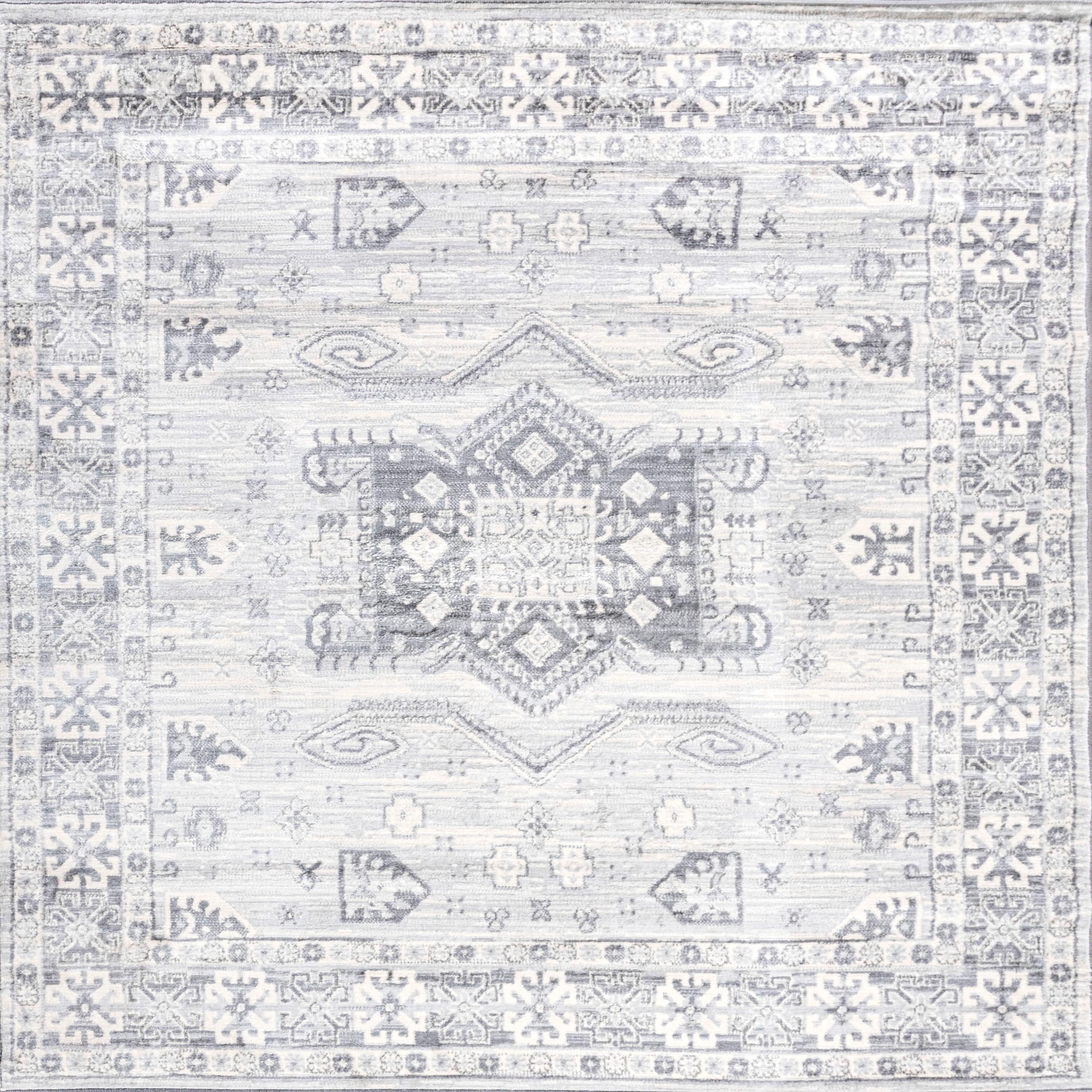 5' Square Modern Persian Vintage Medallion Area Rug, Light Gray - JONATHAN Y