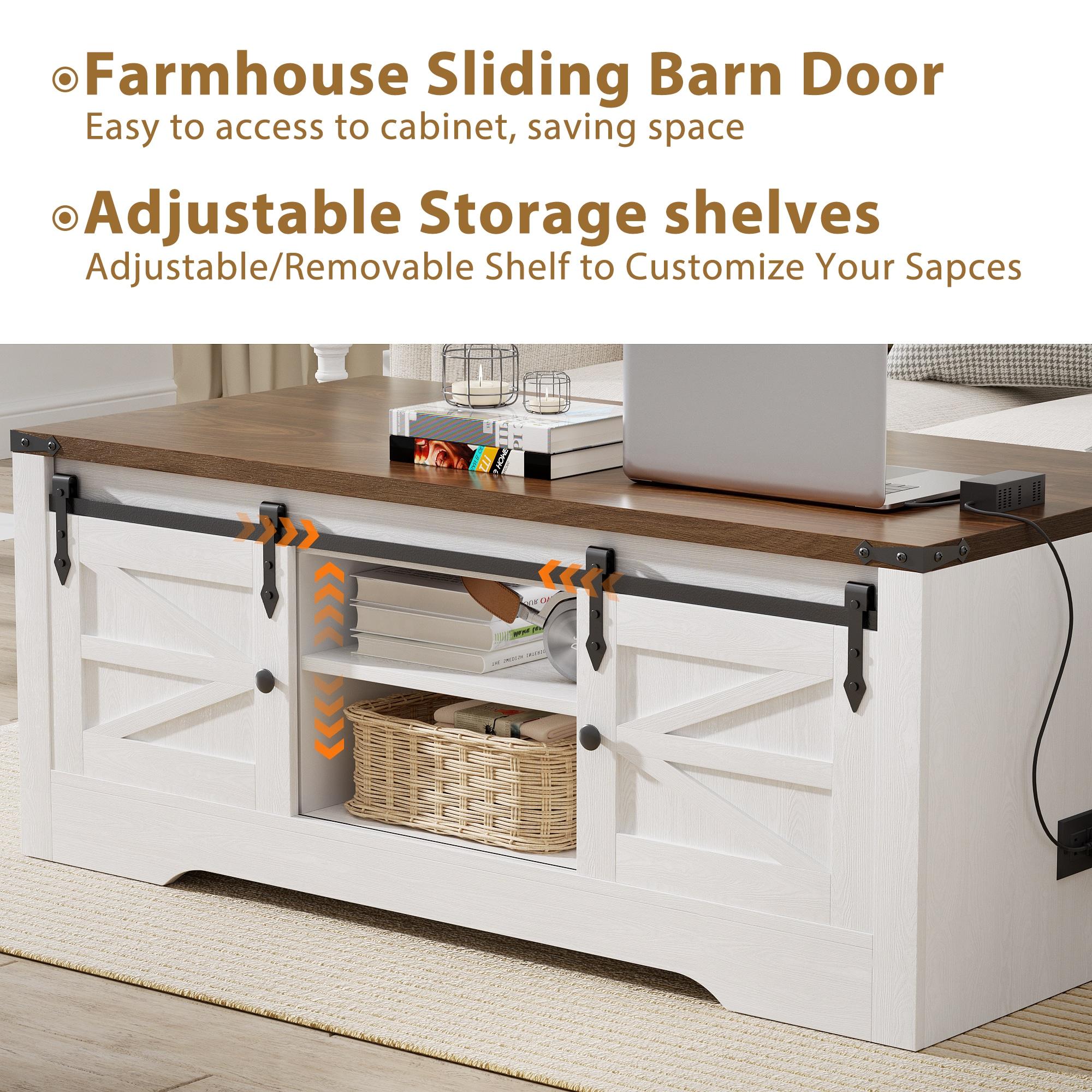OKD 48" Farmhouse Lift Top Coffee Table with Sliding Barn Door & Adjustable Shelf, Antique White
