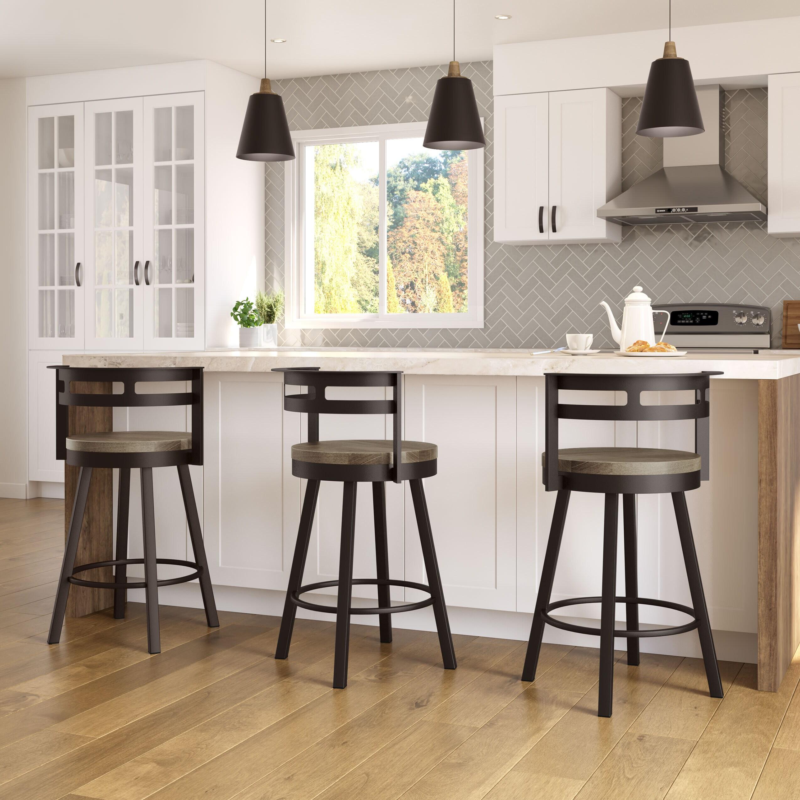 Amisco Vector Beige Distressed Wood / Dark Brown Metal 29.5-Inches H Bar height Round seat Swivel Metal Bar Stool with Arms and Back