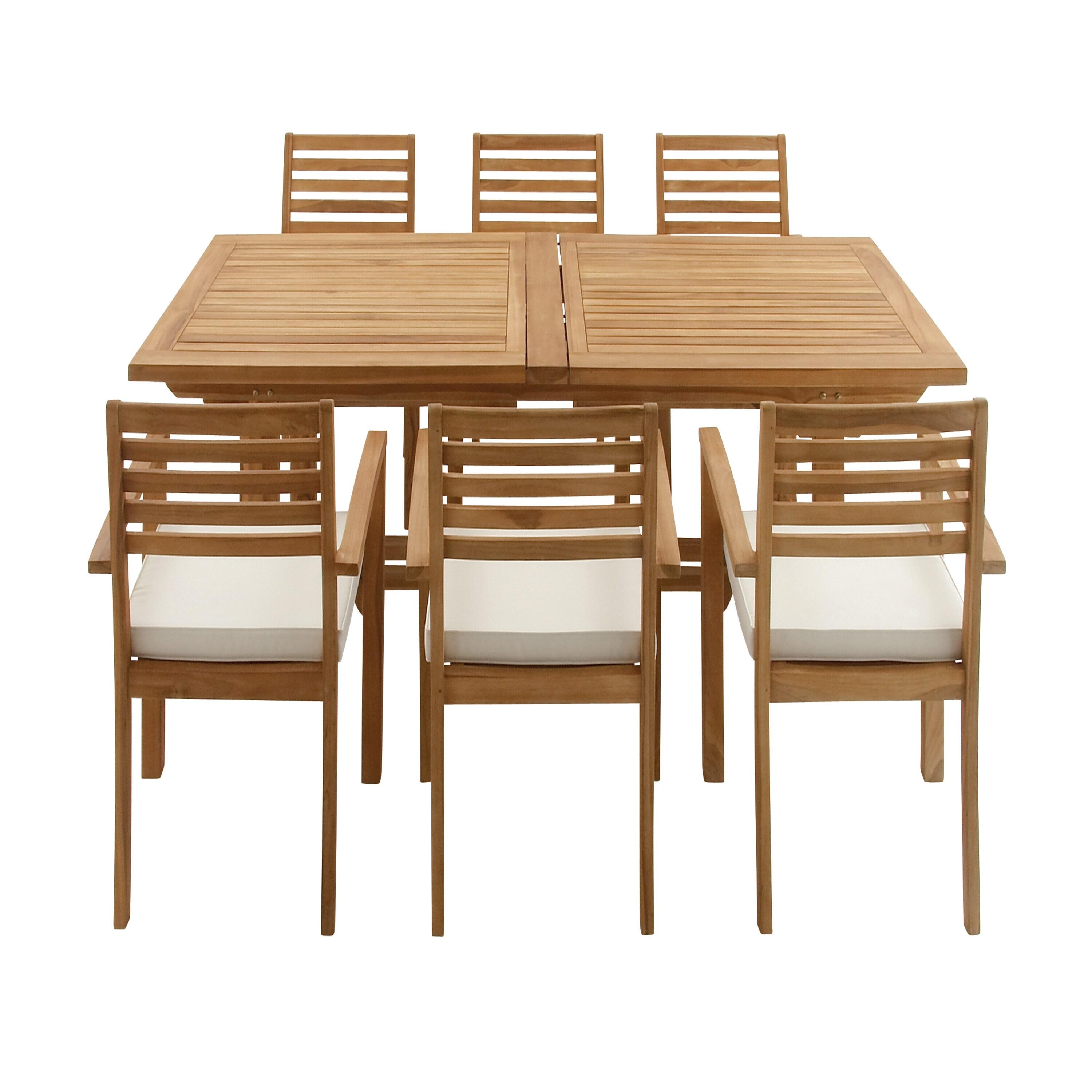 DecMode 83" x 31" Brown Teak Wood Outdoor Dining Set with White Cushions and Extendable Table Leaf, 7-Pieces