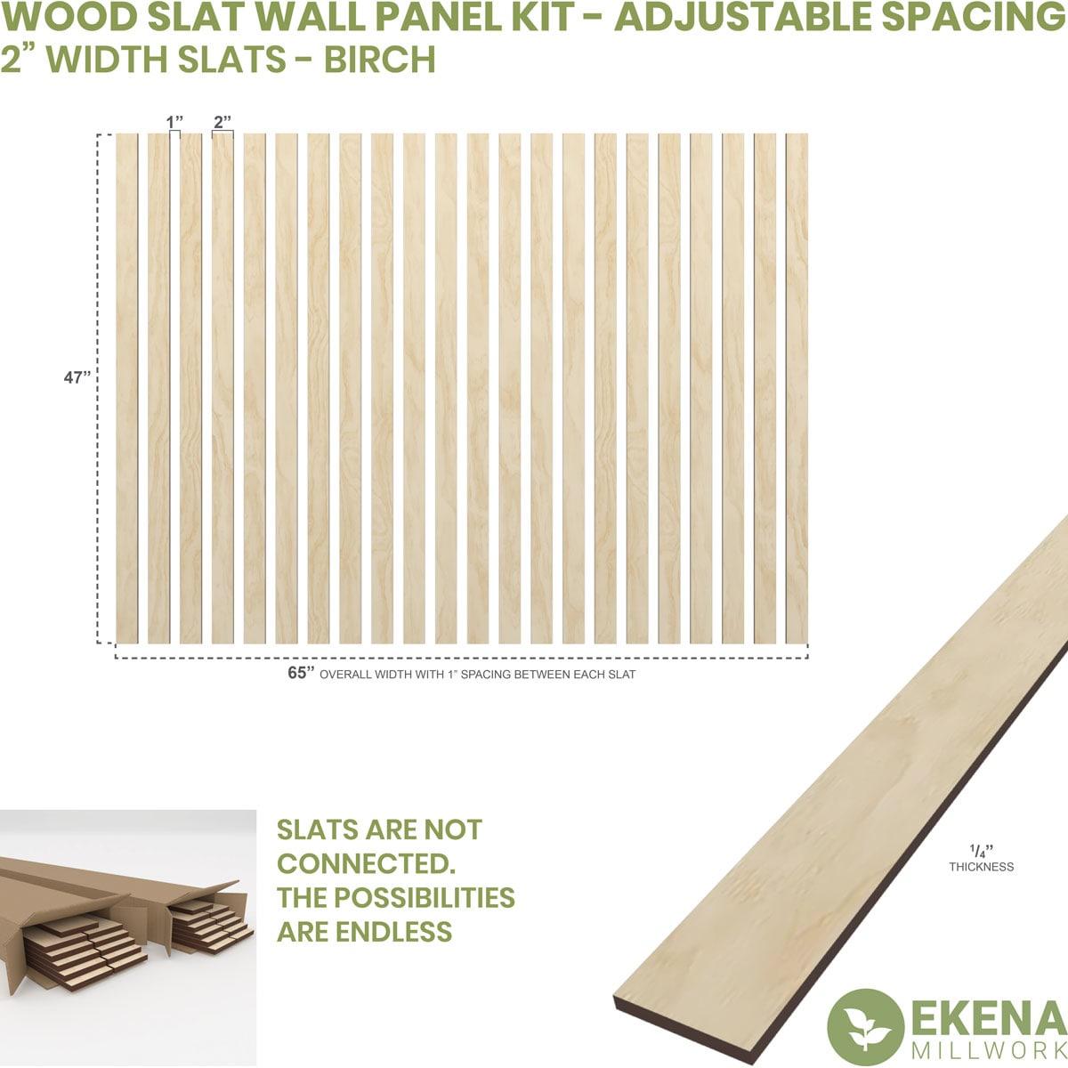 Ekena Millwork 47"H x 1/4"T Adjustable Wood Slat Wall Panel Kit with 2"W Slats, Birch (contains 22 Slats)